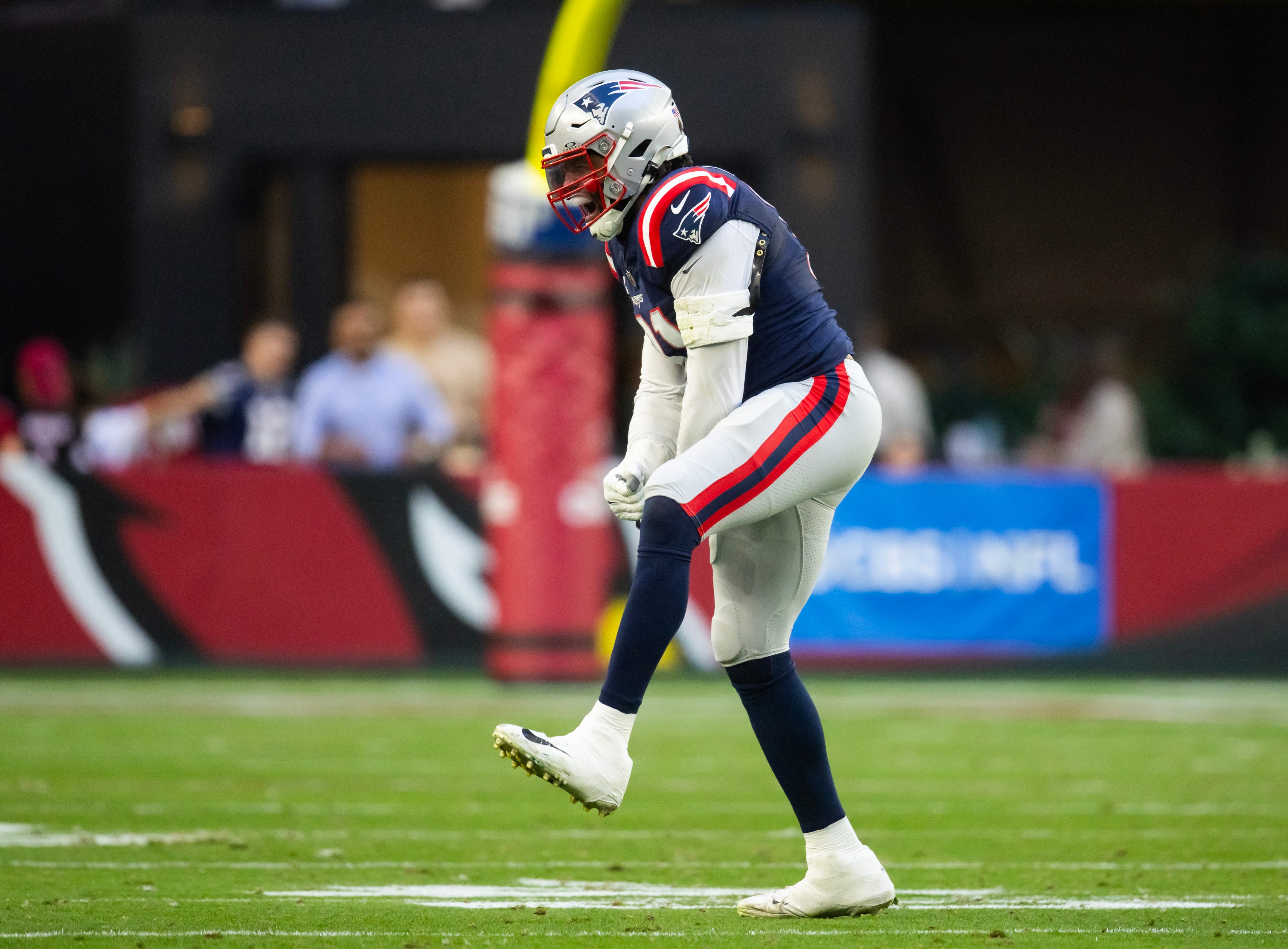 New England Patriots defensive end Deatrich Wise Jr. (91) celebrates a play against the Arizona Cardinals at State Farm Stadium.