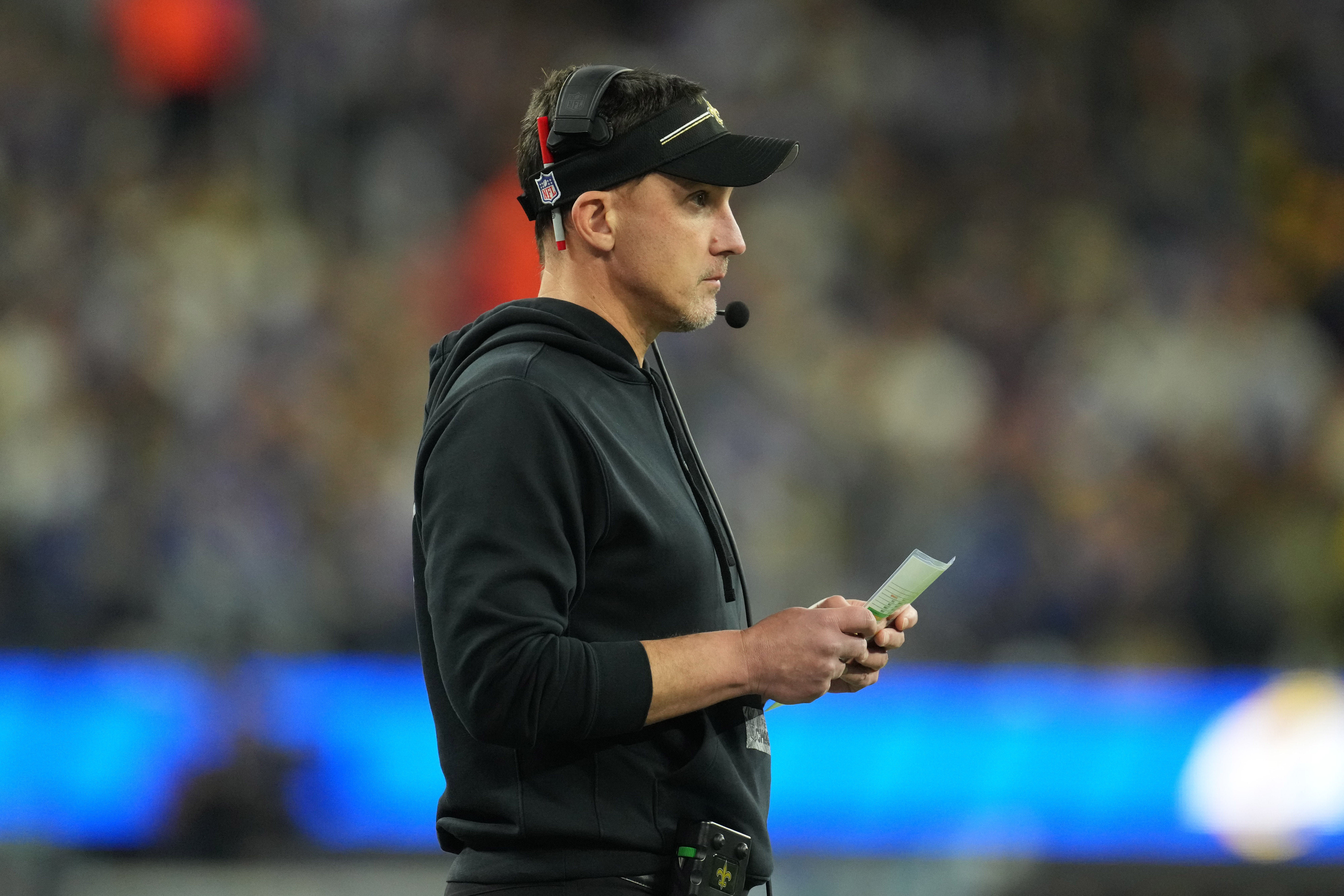 Dec 21, 2023; Inglewood, California, USA; New Orleans Saints coach Dennis Allen watches from the sidelines against the Los Angeles Rams in the first half at SoFi Stadium.