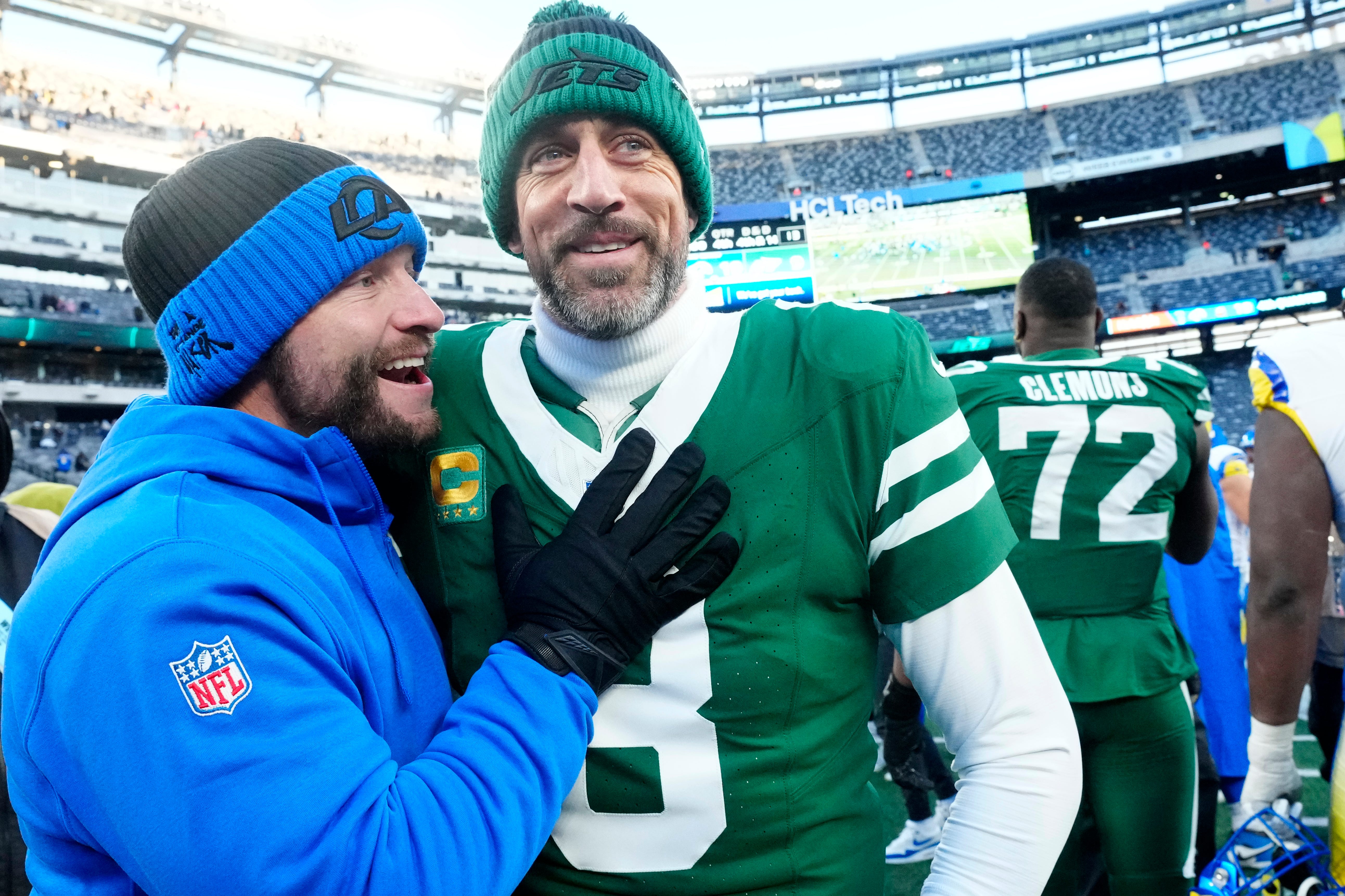 Los Angles Rams Head Coach Sean. McVay is shown with New York Jets quarterback Aaron Rodgers (8) after the game, Sunday, December 22, 2024, in East Rutherford.