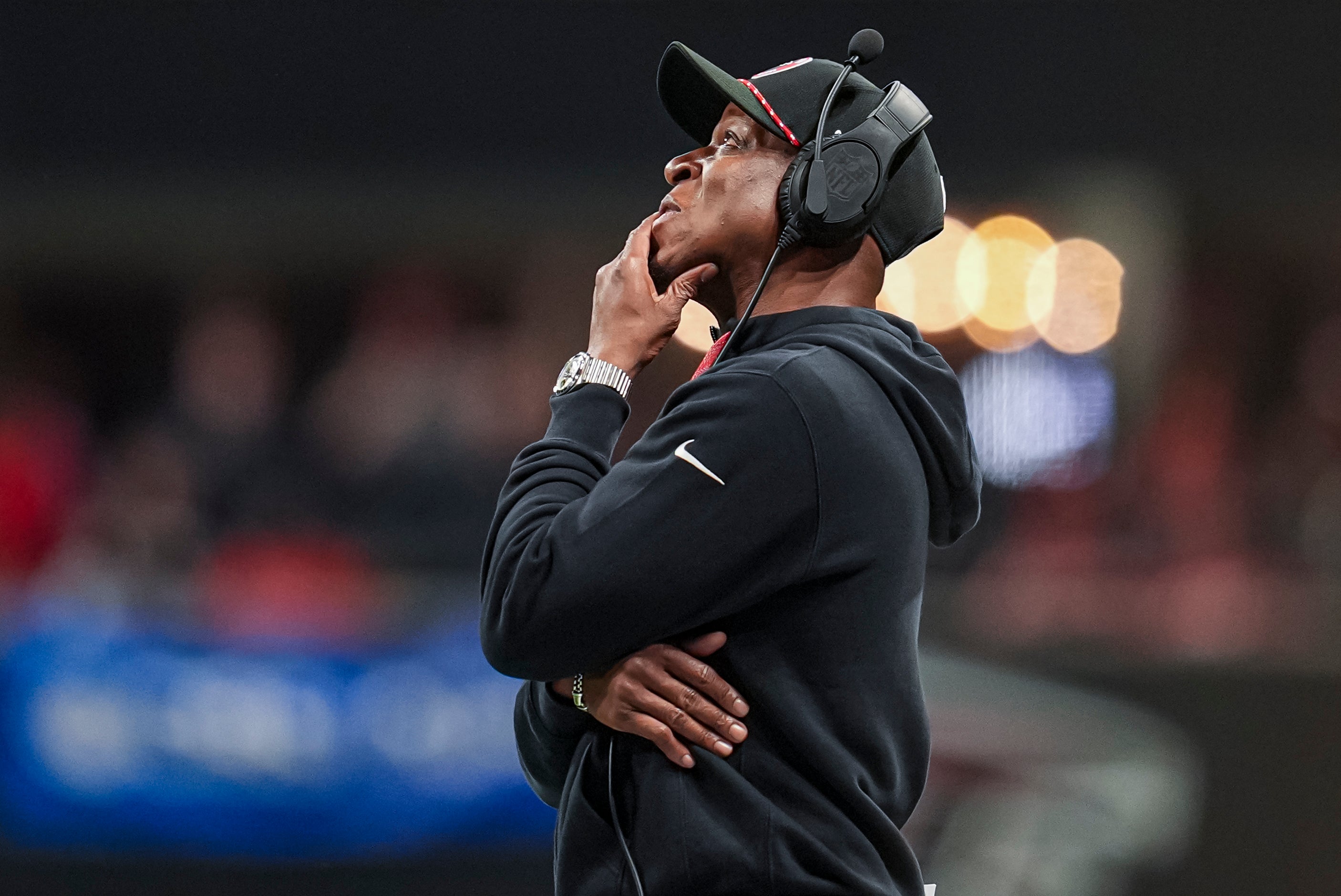 Jan 5, 2025; Atlanta, Georgia, USA; Atlanta Falcons head coach Raheem Morris reacts on the sidelines against the Carolina Panthers during the second half at Mercedes-Benz Stadium.