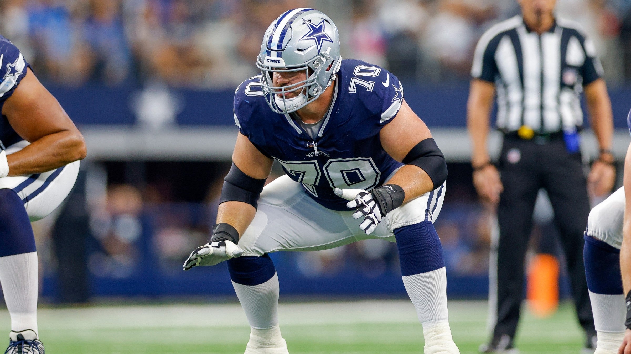Dallas Cowboys guard Zack Martin (70) lines up for the snap during the first quarter against the Detroit Lions at AT&T Stadium.