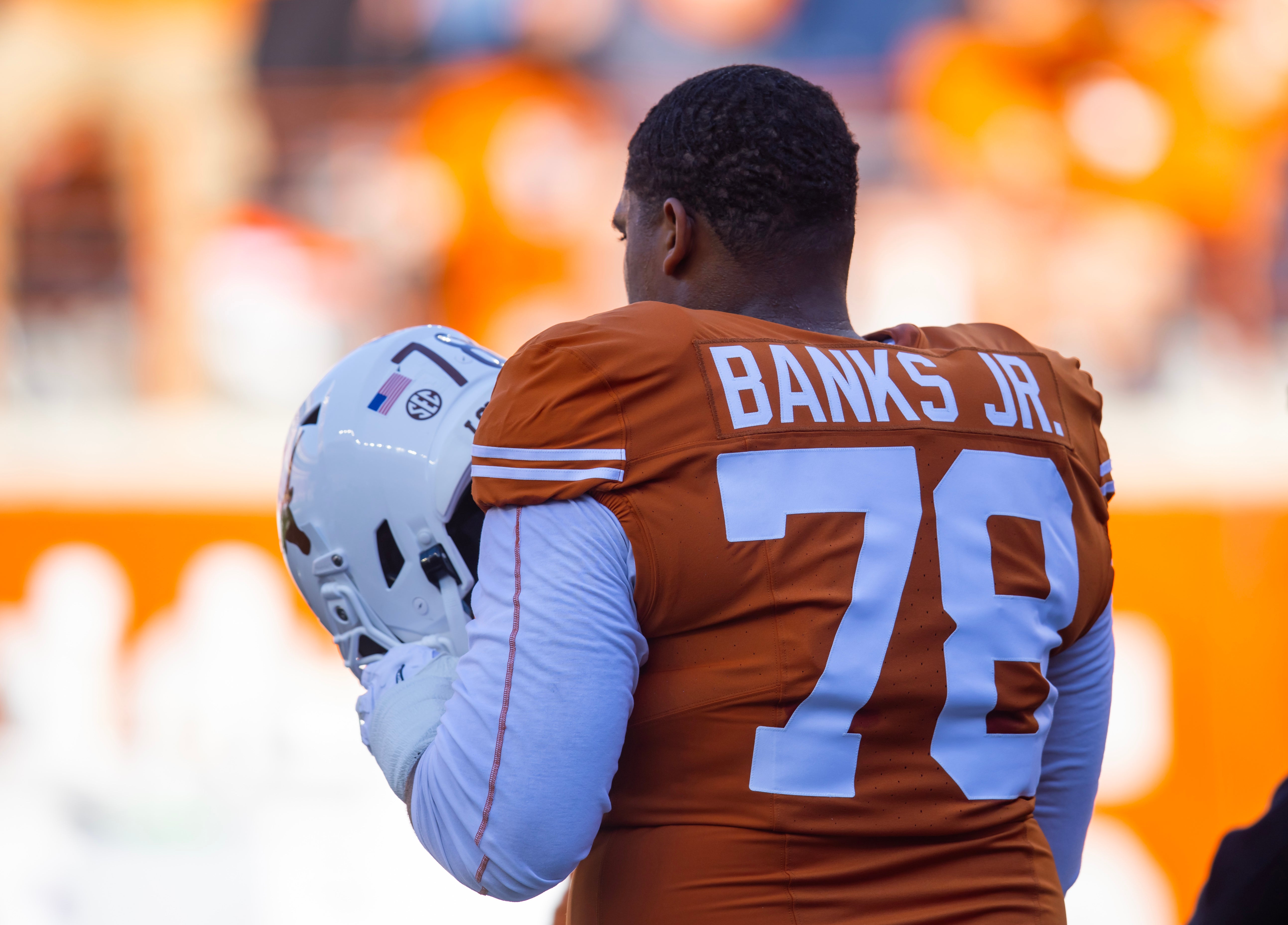 Dec 21, 2024; Austin, Texas, USA; Detailed view of the jersey of Texas Longhorns offensive lineman Kelvin Banks Jr. (78) against the Clemson Tigers during the CFP National playoff first round at Darrell K Royal-Texas Memorial Stadium.