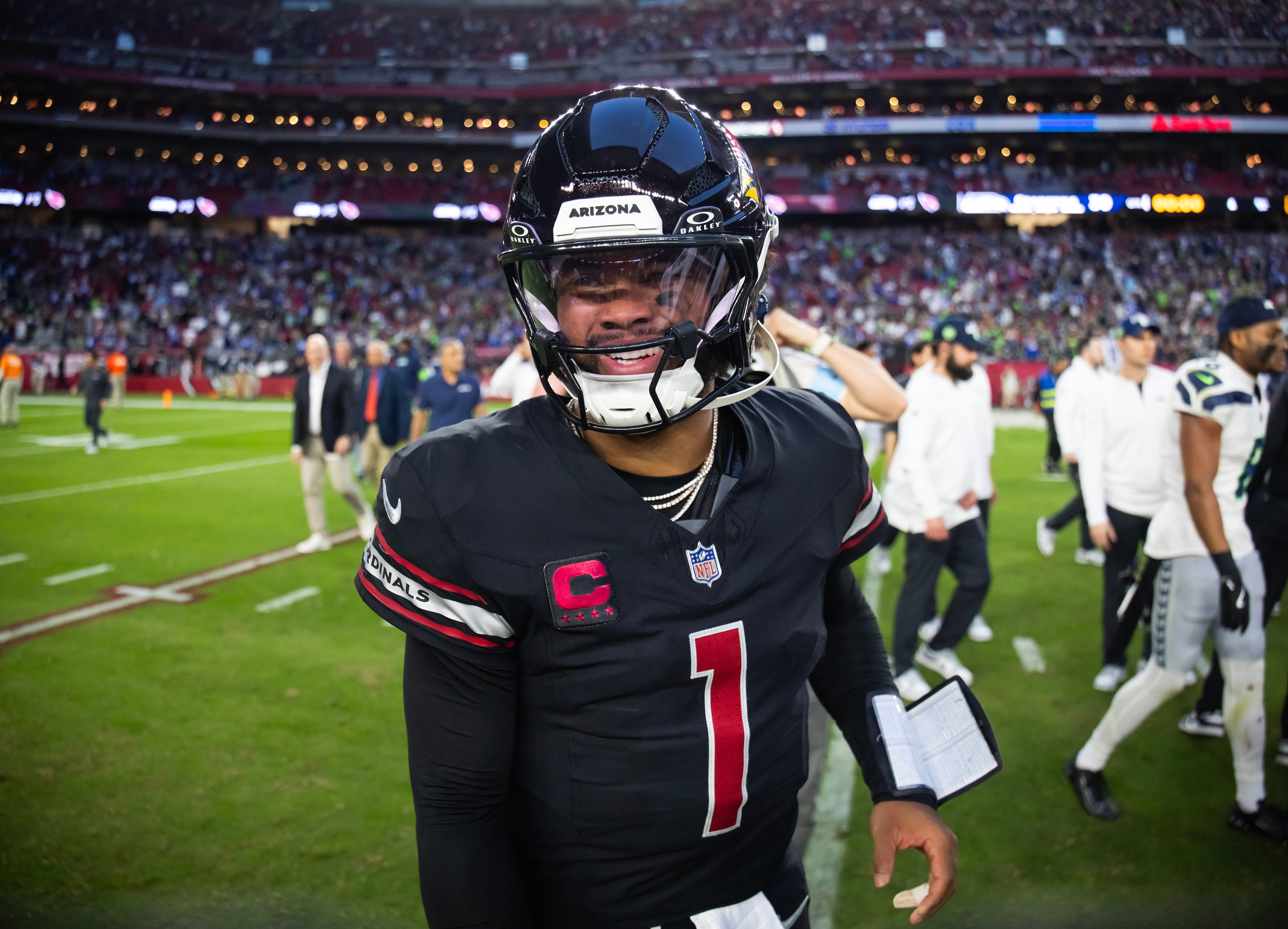 Arizona Cardinals quarterback Kyler Murray (1) reacts as he walks off the field following the game against the Seattle Seahawks at State Farm Stadium.