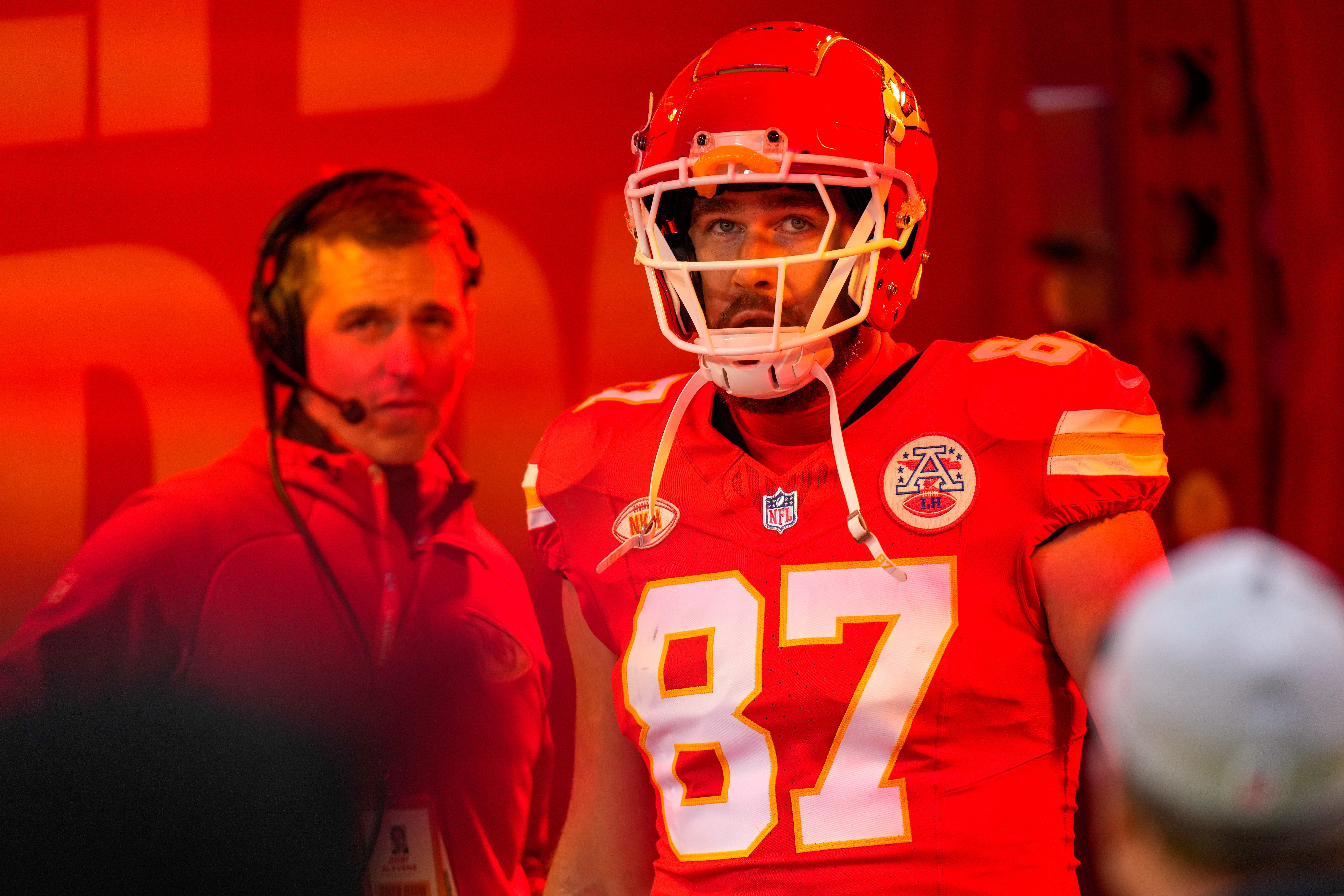 Kansas City Chiefs tight end Travis Kelce (87) looks toward the crowd before taking the field for the game between the Kansas City Chiefs and the Cincinnati Bengals at Arrowhead Stadium in Kansas City on Dec. 31, 2023.