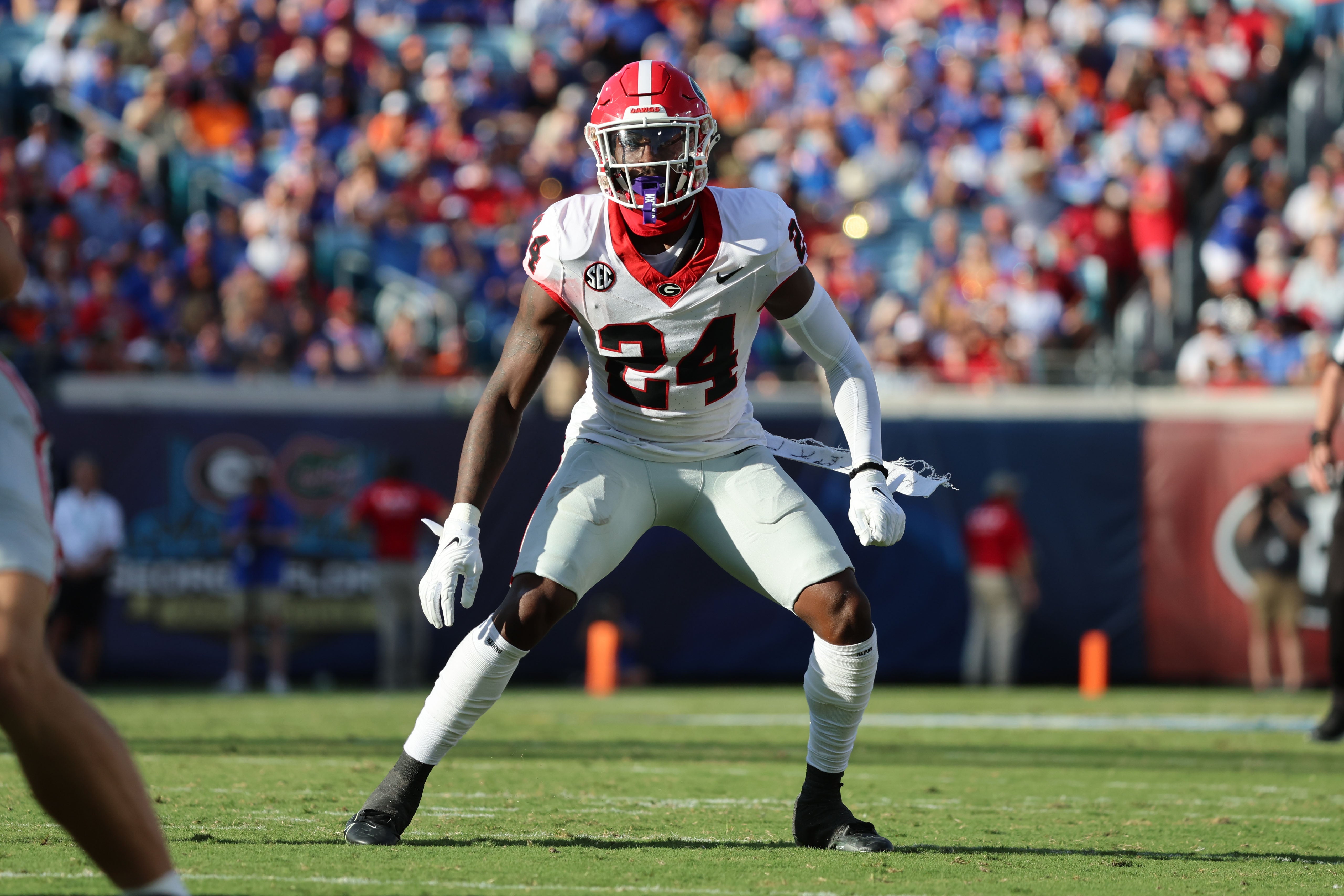 Oct 28, 2023; Jacksonville, Florida, USA; Georgia Bulldogs defensive back Malaki Starks (24) against the Florida Gators during the first half at EverBank Stadium.