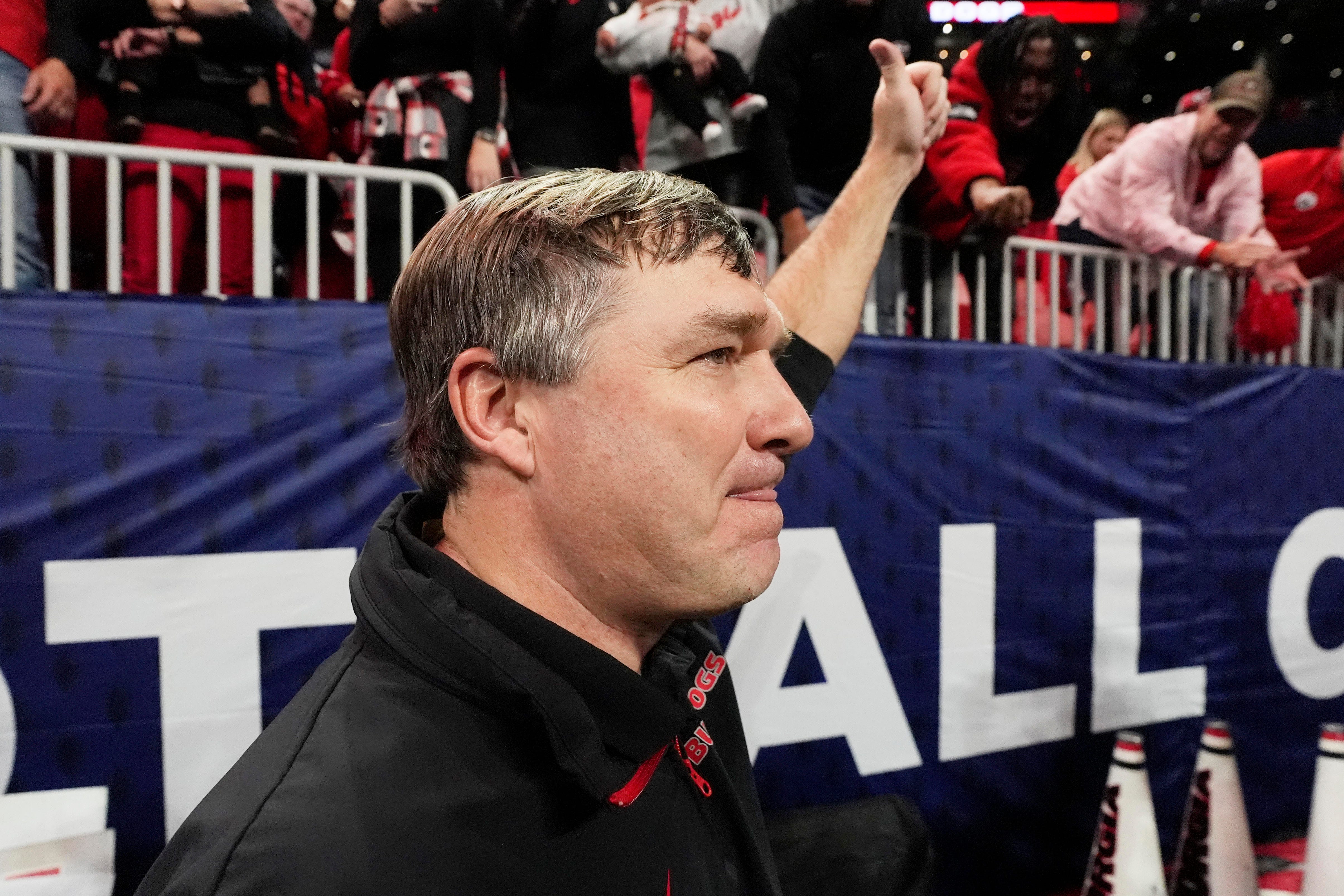 Georgia coach Kirby Smart celebrates after the winning the SEC championship game against Texas in Atlanta, on Saturday, Dec. 7, 2024. Georgia won 22-19.