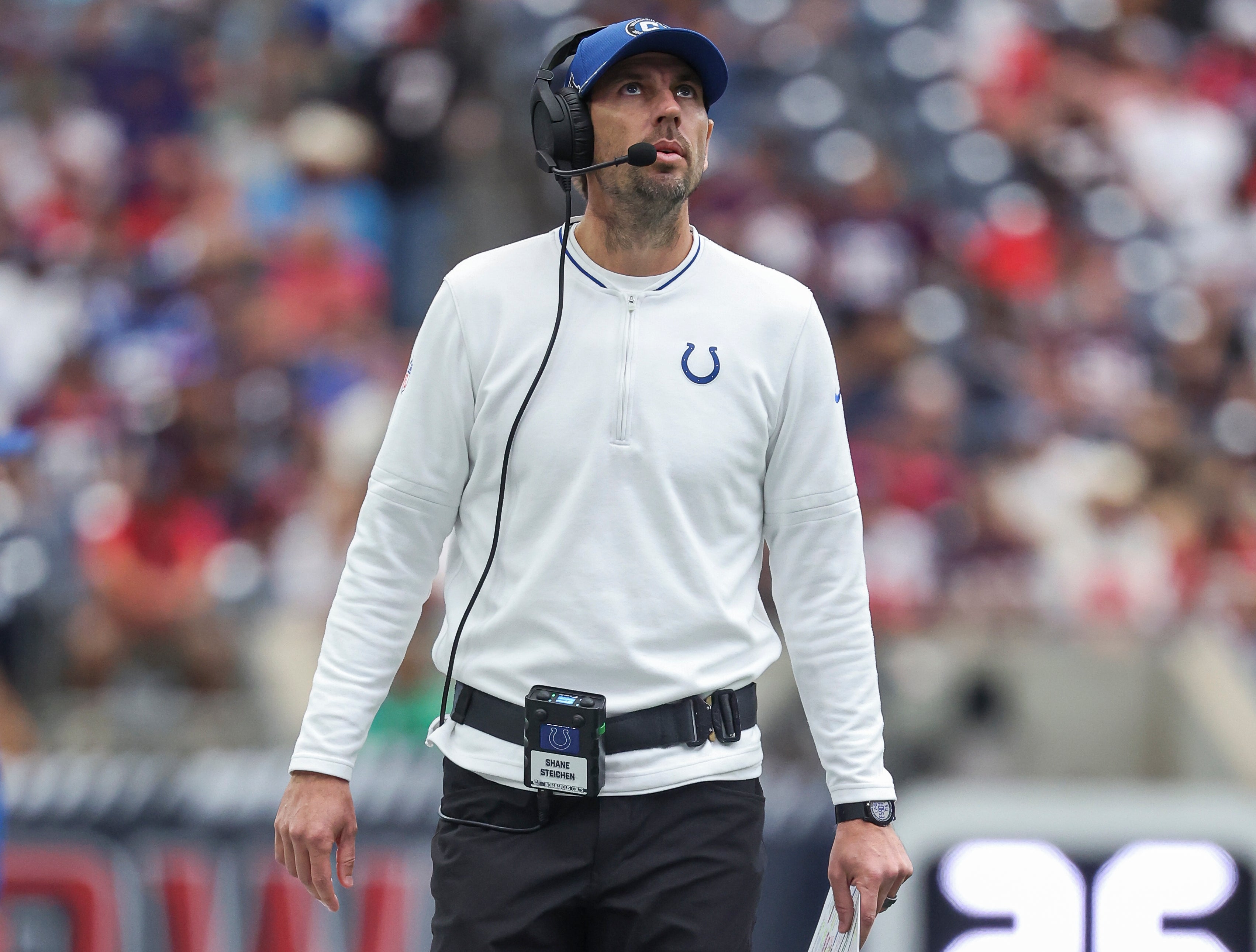Oct 27, 2024; Houston, Texas, USA; Indianapolis Colts head coach Shane Steichen looks up before the start of the game against the Houston Texans at NRG Stadium.