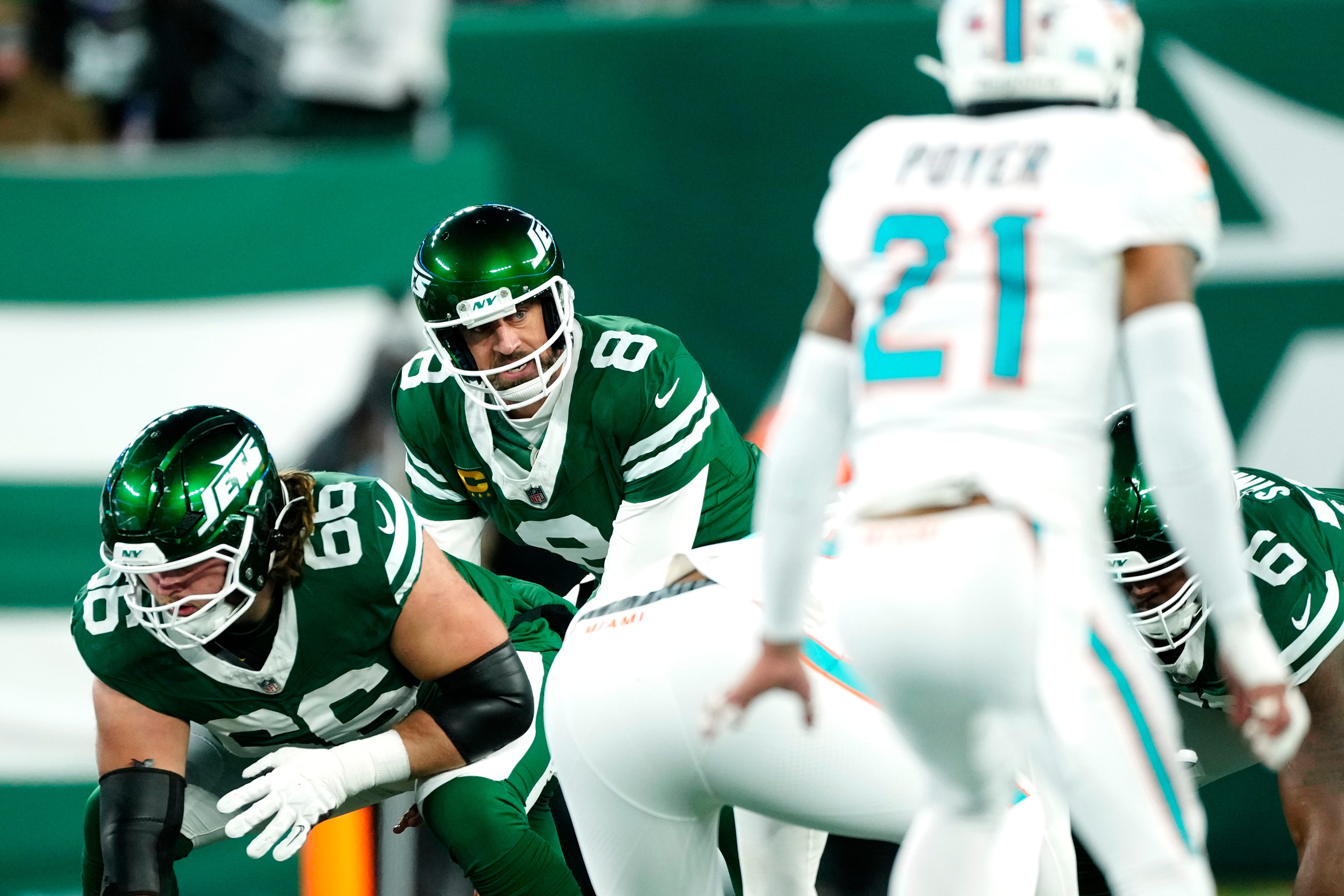 New York Jets quarterback Aaron Rodgers (8) may have played his last game for Gang Green, Sunday January 5, 2025, in East Rutherford.