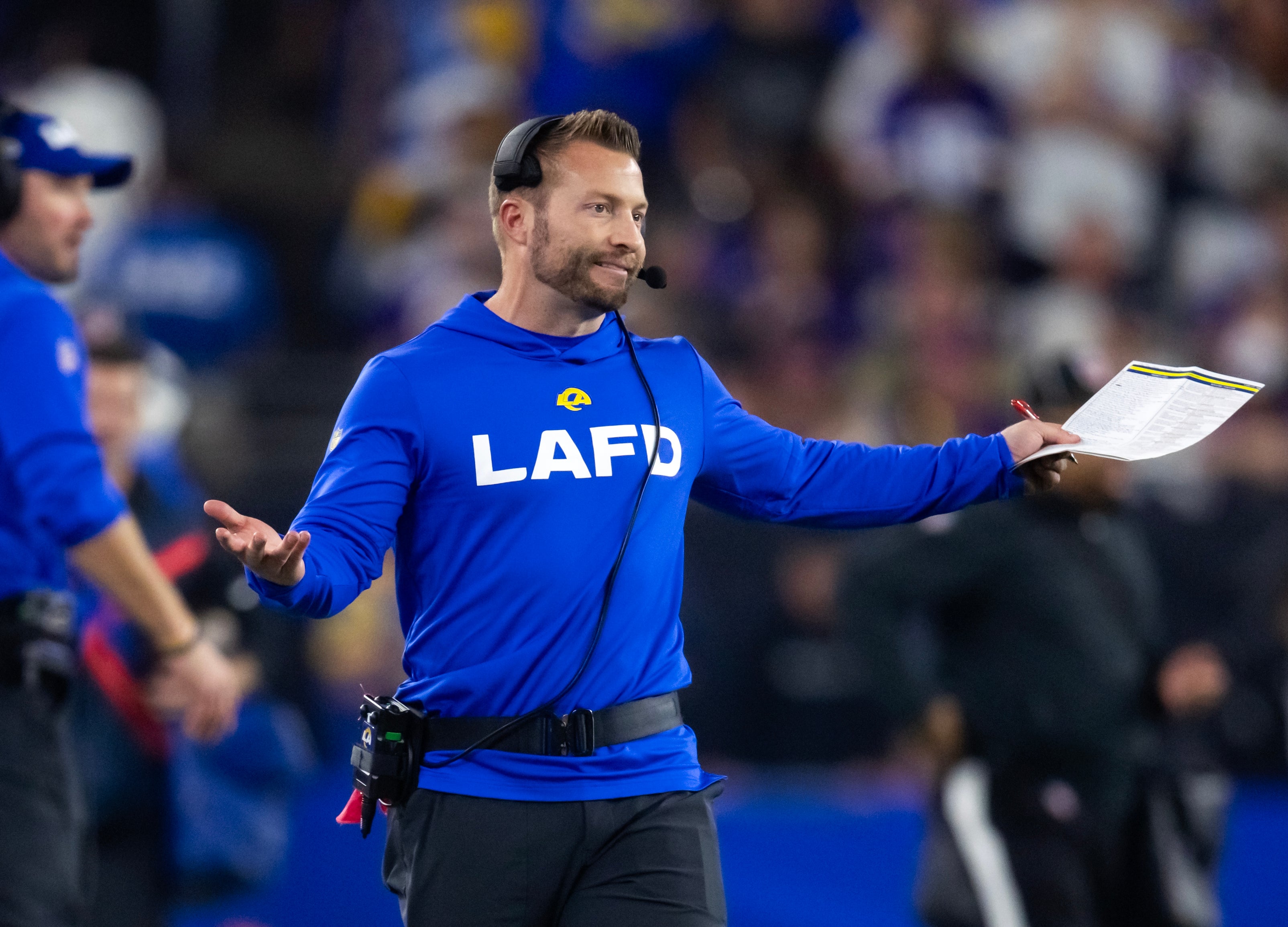 Jan 13, 2025; Glendale, AZ, USA; Los Angeles Rams head coach Sean McVay reacts against the Minnesota Vikings during an NFC wild card game at State Farm Stadium.