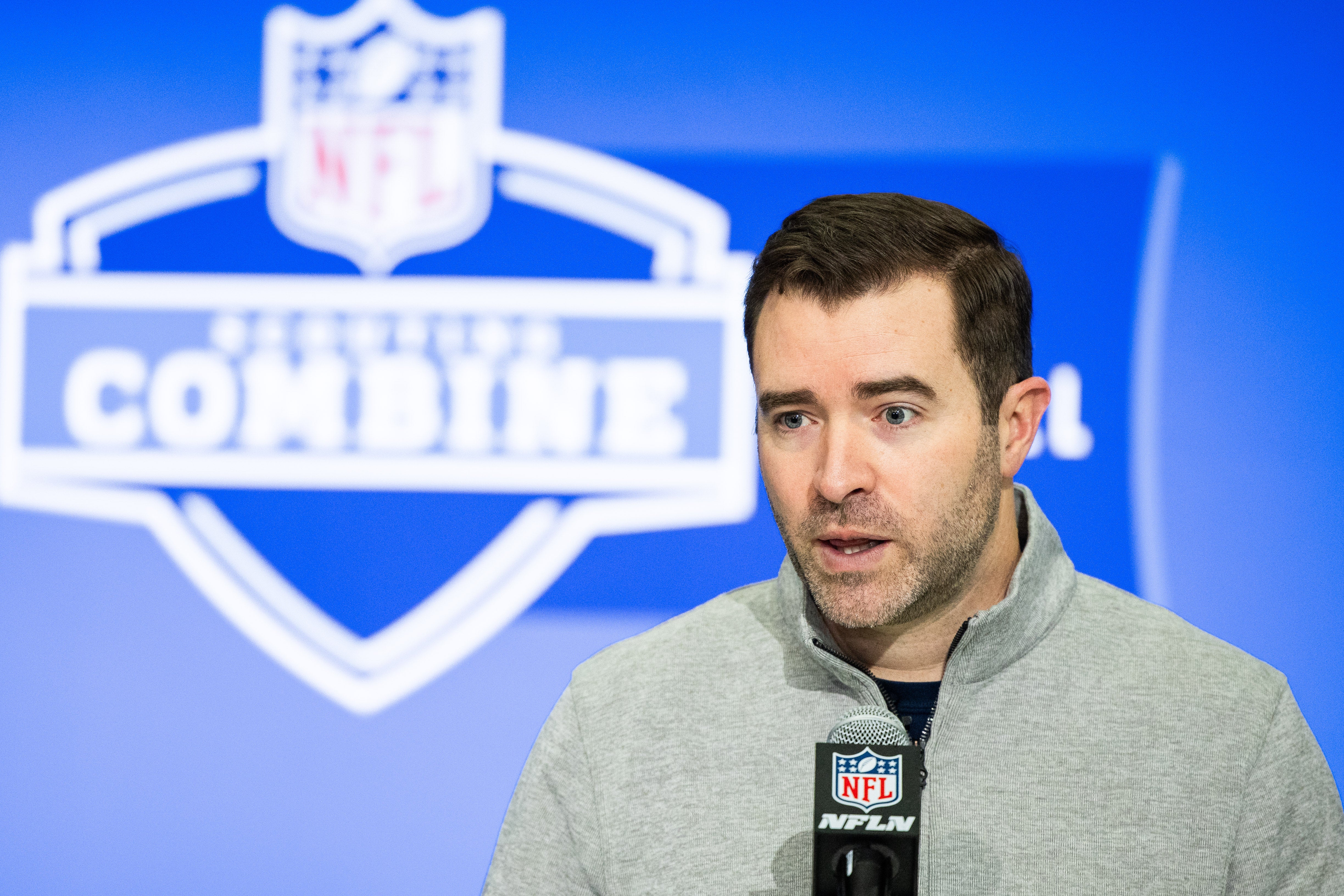 Feb 27, 2024; Indianapolis, IN, USA; Tennessee Titans head coach Brian Callahan talks to the media at the 2024 NFL Combine at Indiana Convention Center. Mandatory Credit: Trevor Ruszkowski-Imagn Images