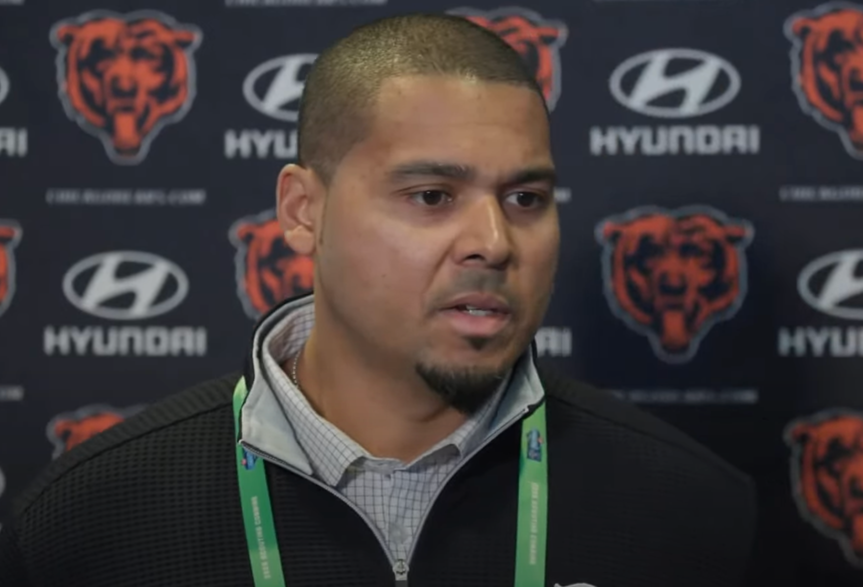 Ryan Poles speaks with the media and reporters during the 2025 Combine.