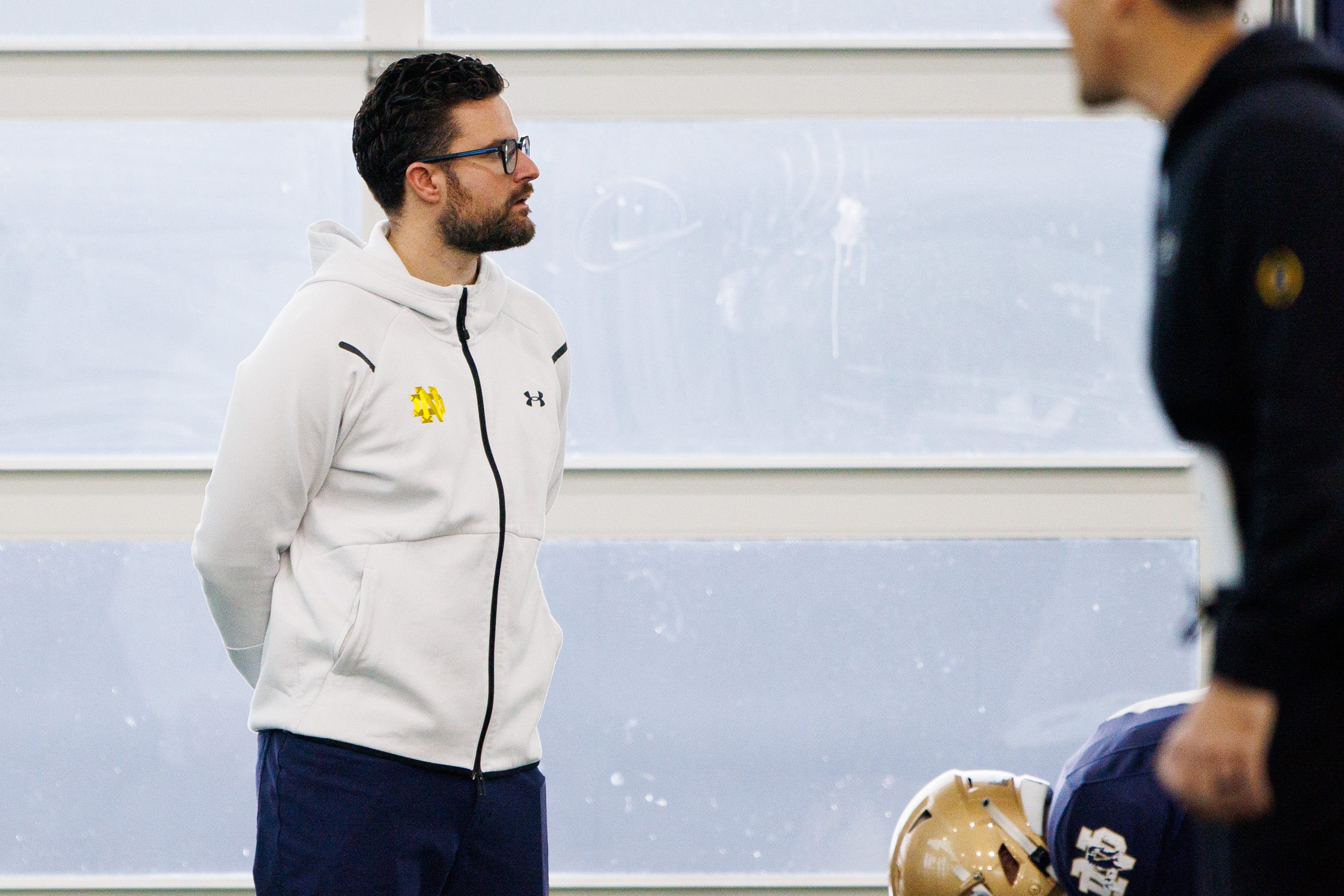 Notre Dame assistant athletics director Chad Bowden watches a Notre Dame football practice at Irish Athletic Center on Sunday, Jan. 5, 2025, in South Bend.