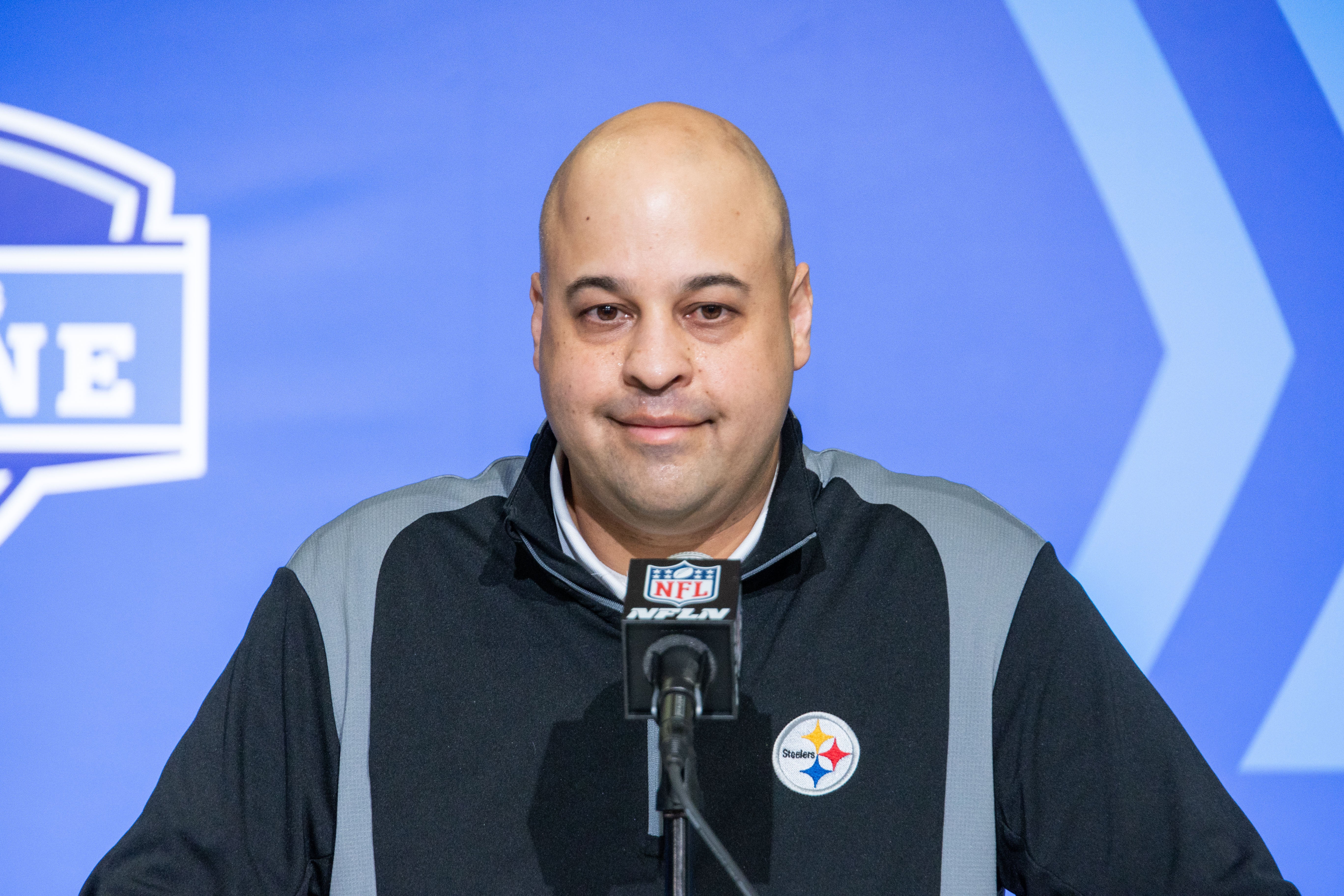 Feb 28, 2023; Indianapolis, IN, USA; Pittsburgh Steelers general manager Omar Khan speaks to the press at the NFL Combine at Lucas Oil Stadium.