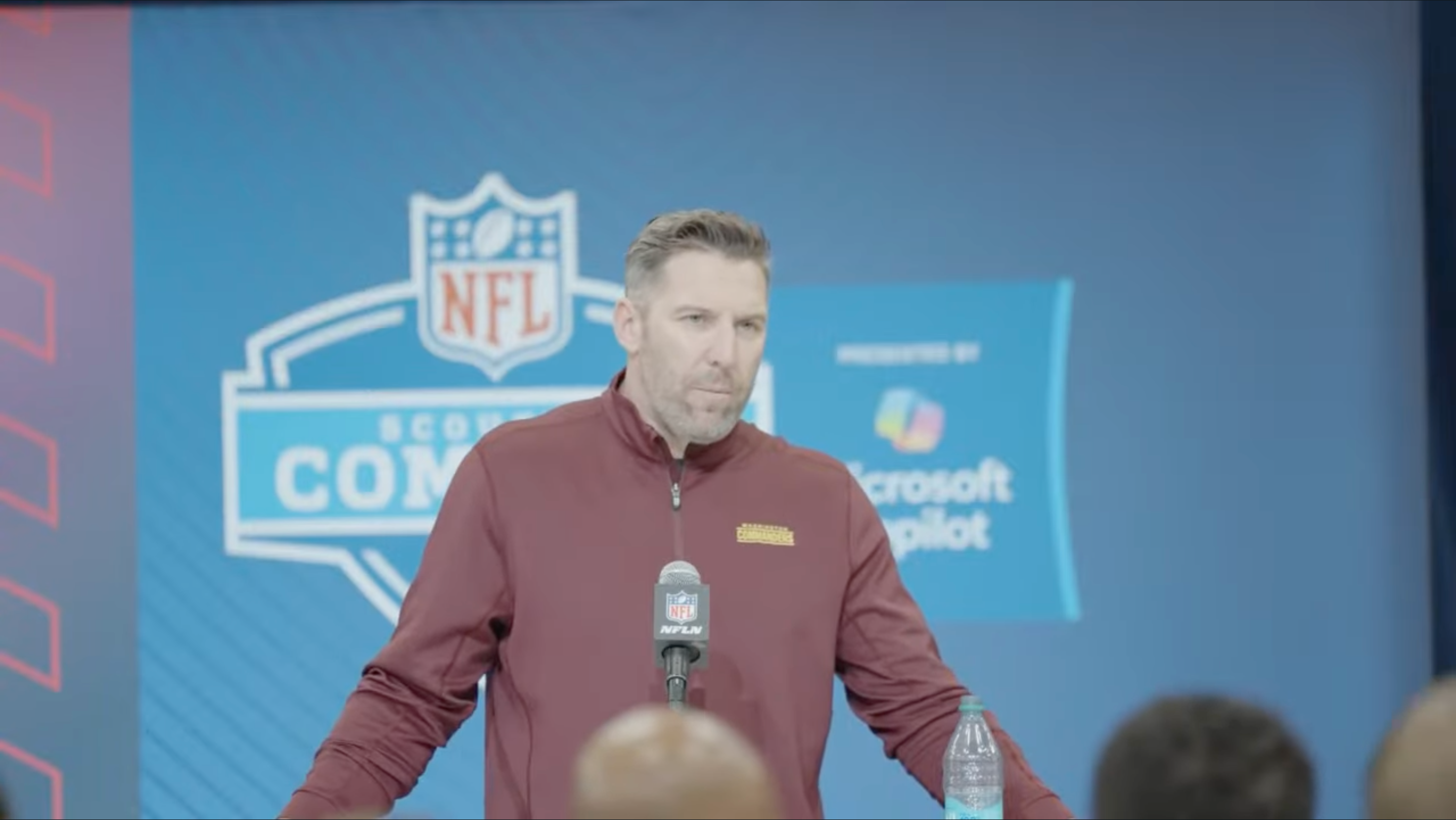 Adam Peters speaks to reporters at the 2025 NFL Combine