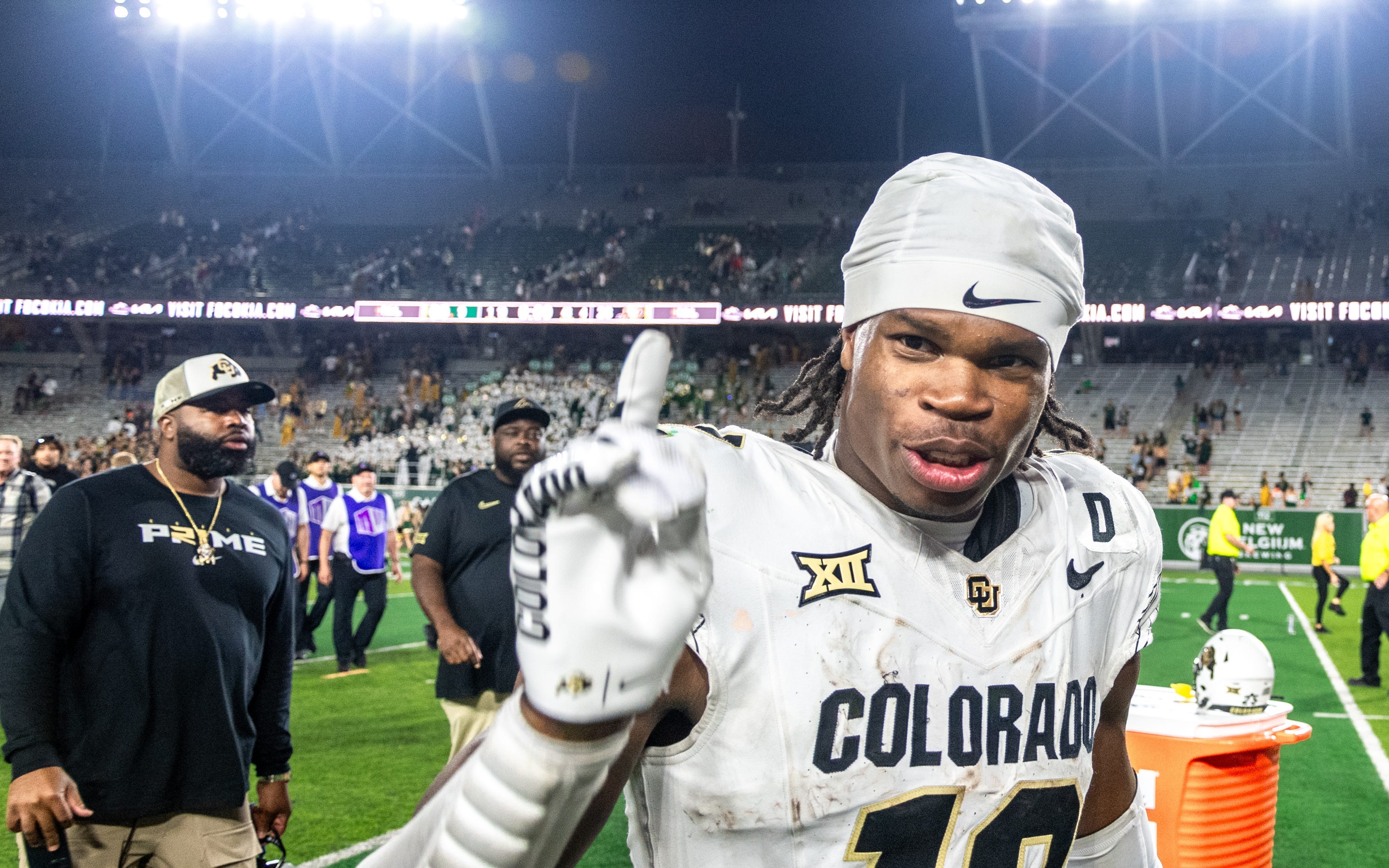 CU football standout athlete Travis Hunter flashes a No. 1 with his finger after a win against CSU in the Rocky Mountain Showdown at Canvas Stadium on Saturday, Sept. 14, 2024, in Fort Collins, Colo Cris Tiller-USA TODAY NETWORK via Imagn Images