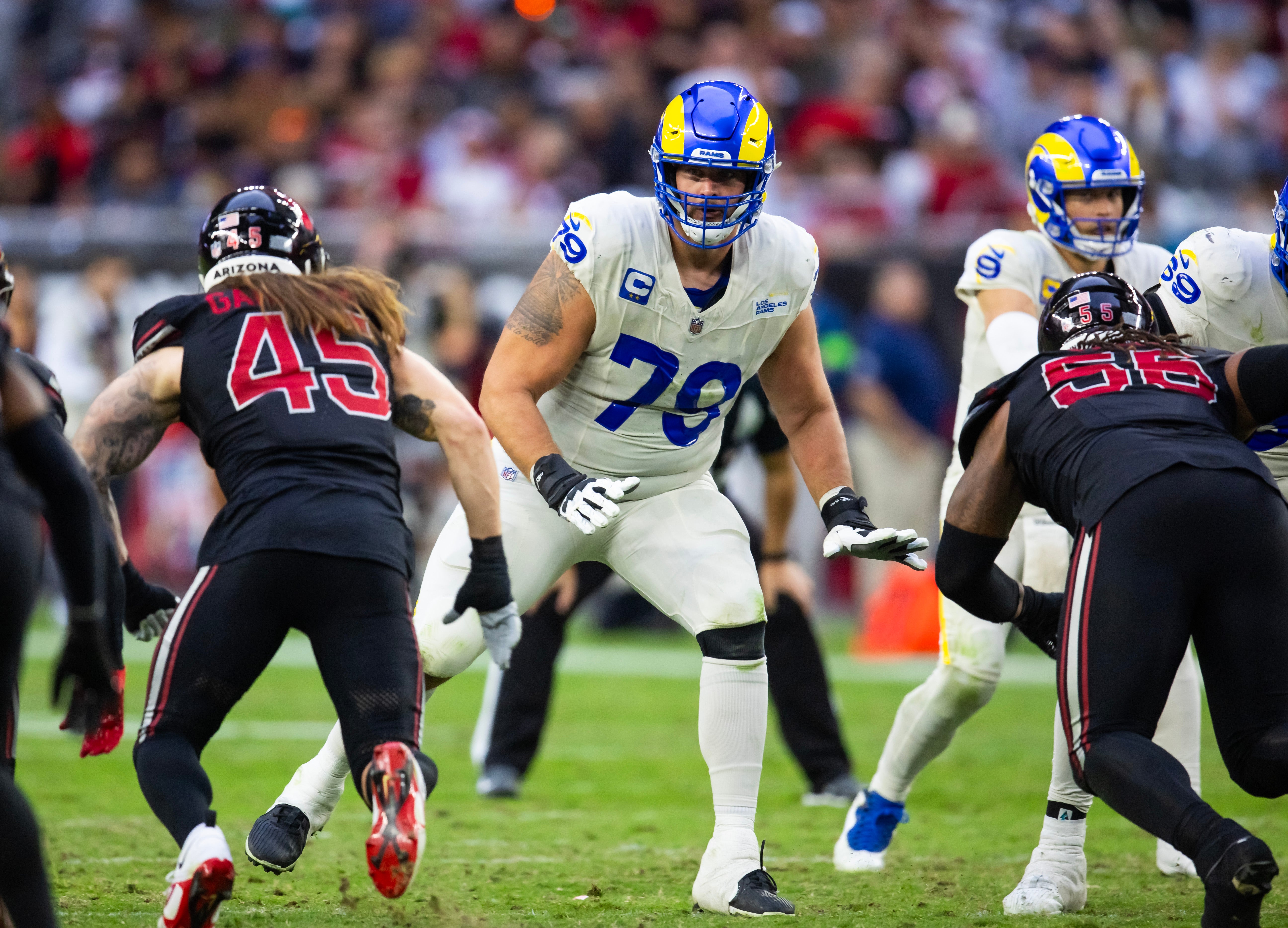 Nov 26, 2023; Glendale, Arizona, USA; Los Angeles Rams offensive tackle Rob Havenstein (79) against the Arizona Cardinals at State Farm Stadium.