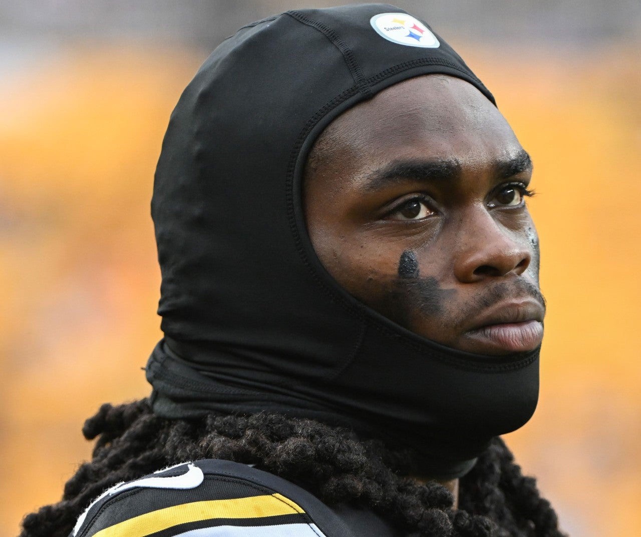 Aug 17, 2024; Pittsburgh, Pennsylvania, USA; Pittsburgh Steelers cornerback Cory Trice Jr. (27) watches the action against the Buffalo Bills during the first quarter at Acrisure Stadium.