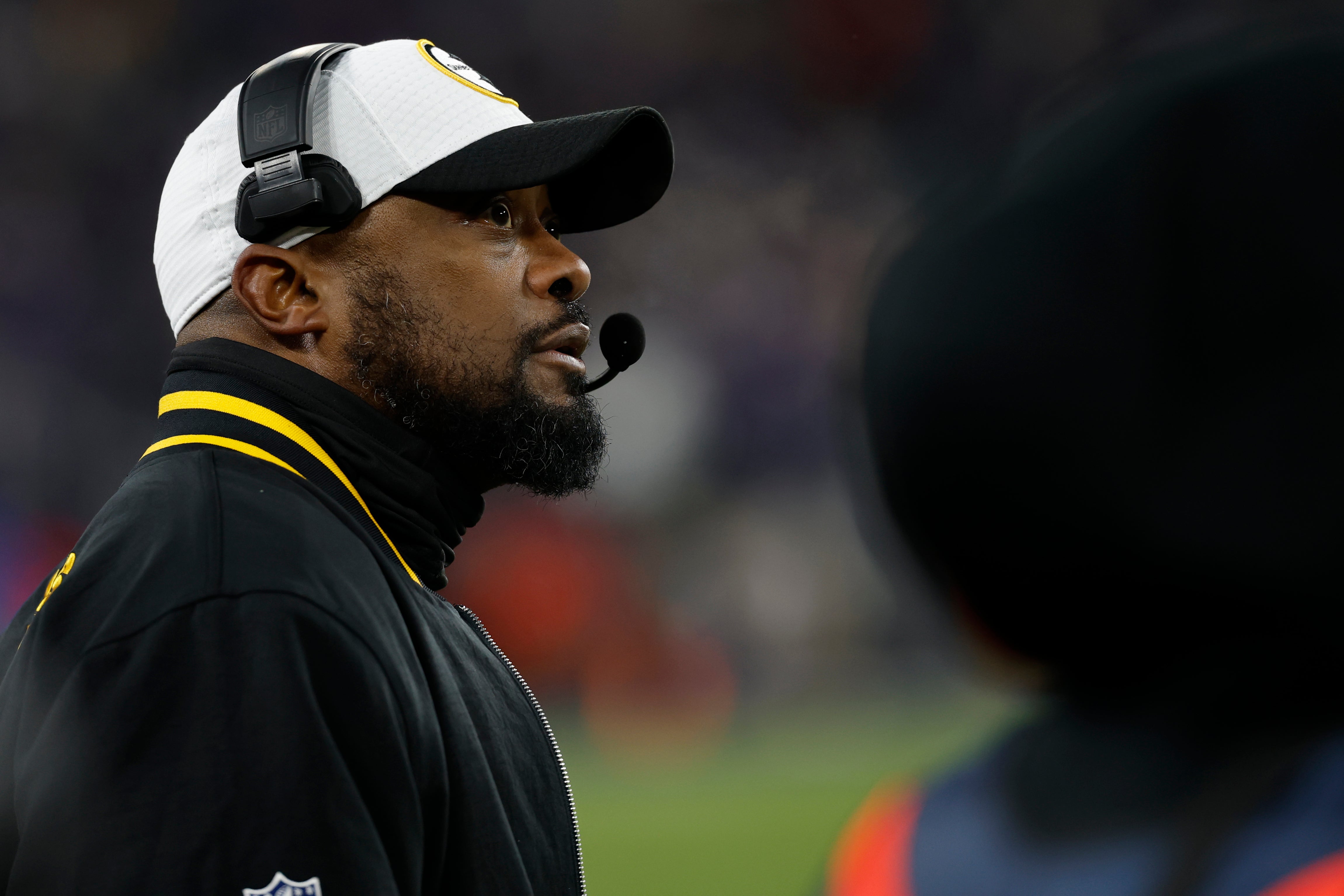 Jan 11, 2025; Baltimore, Maryland, USA; Pittsburgh Steelers head coach Mike Tomlin looks on from the bench against the Baltimore Ravens in an AFC wild card game at M&T Bank Stadium.