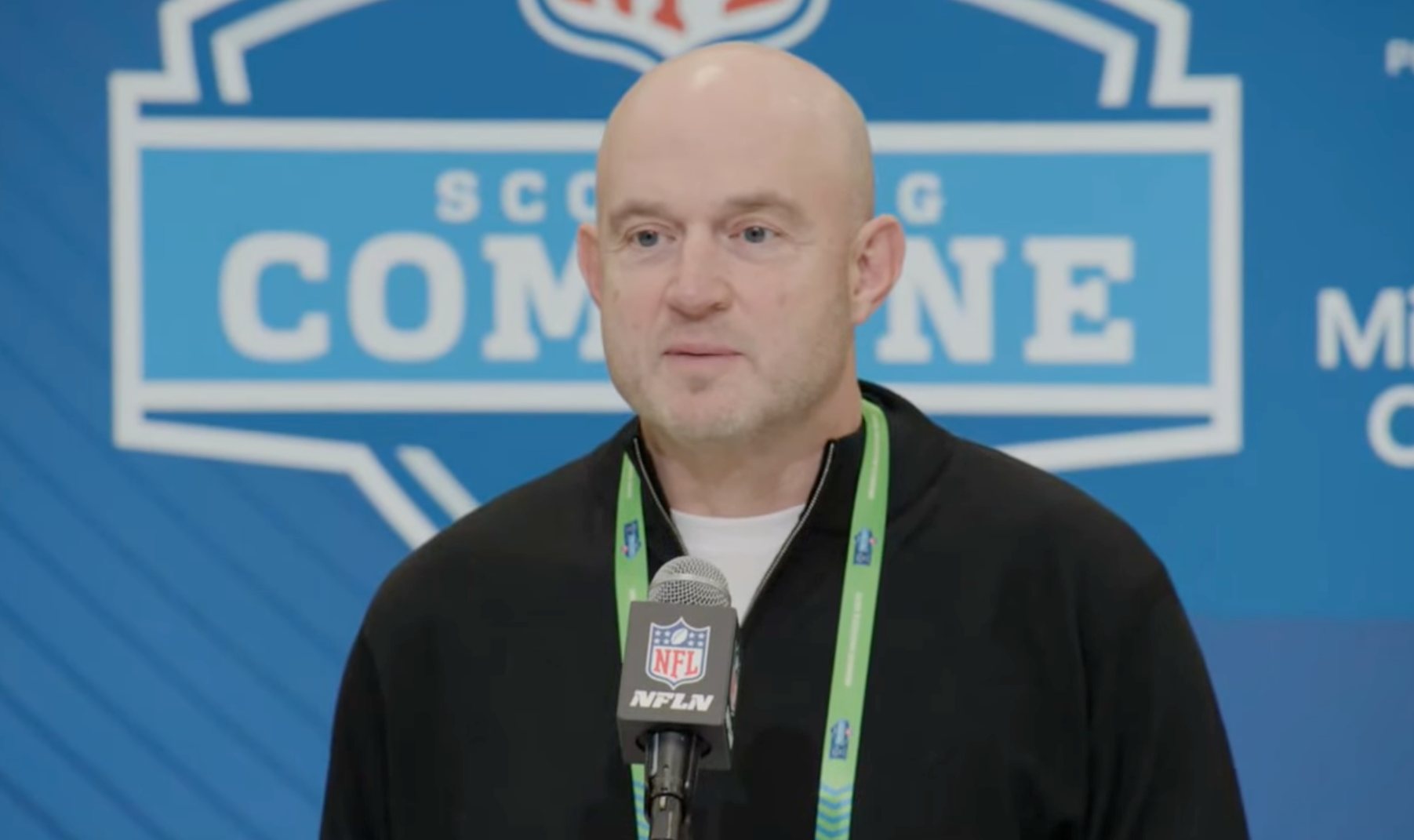 Cincinnati Bengals director of player personnel Duke Tobin talks to reporters at the NFL Scouting Combine on February 25, 2025.