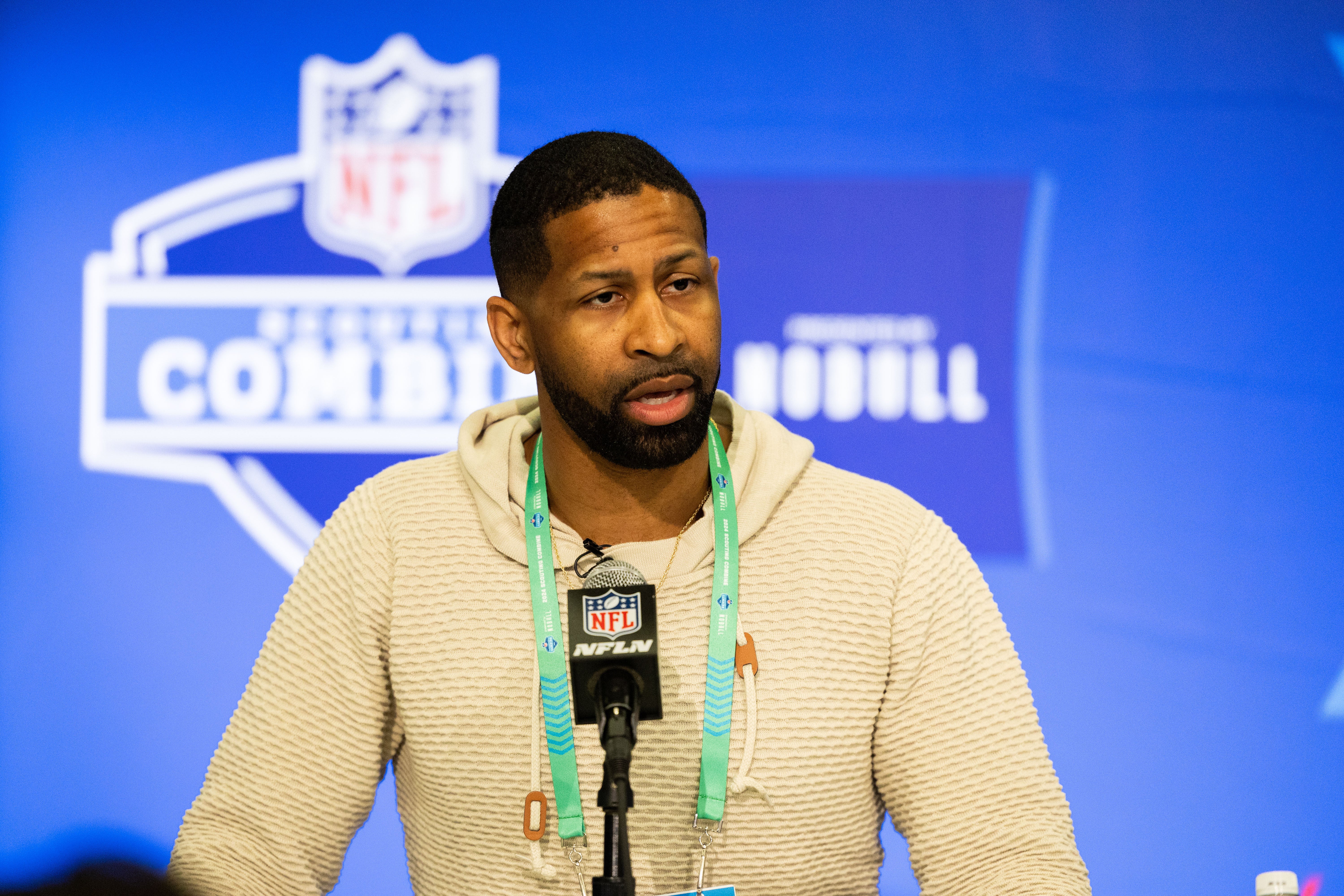 Cleveland Browns Executive Vice President of Football Operations and General Manager Andrew Berry talks to the media at the 2024 NFL Combine at Indiana Convention Center. Trevor Ruszkowski-Imagn Images