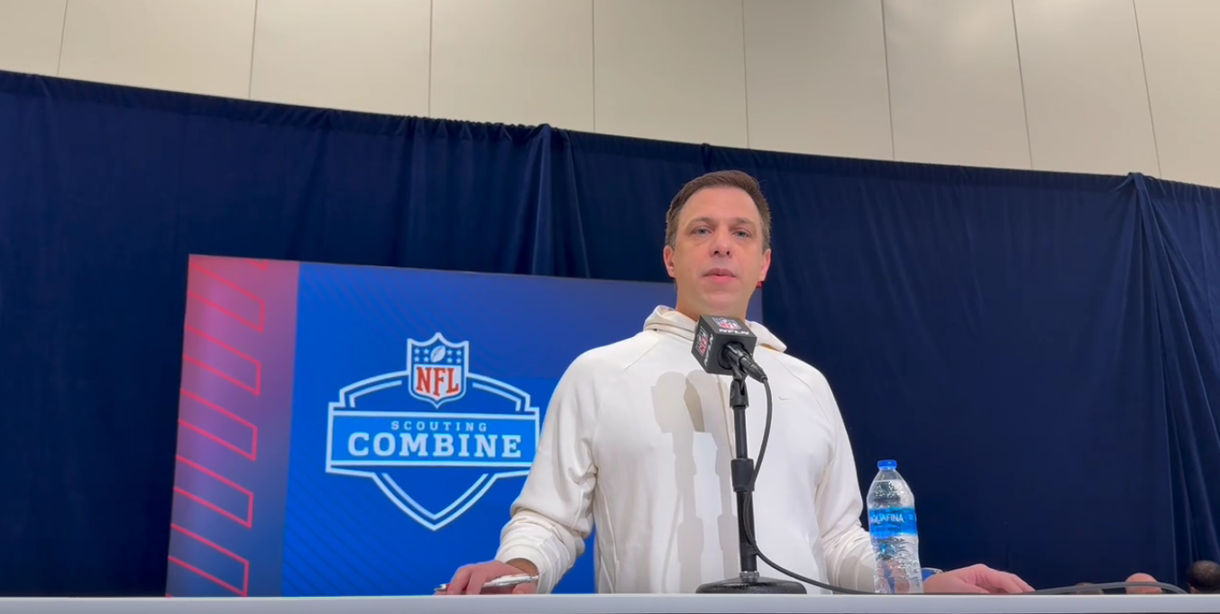 Chiefs GM Brett Veach answers a question of A to Z Sports' Travis May at the 2025 NFL Scouting Combine.