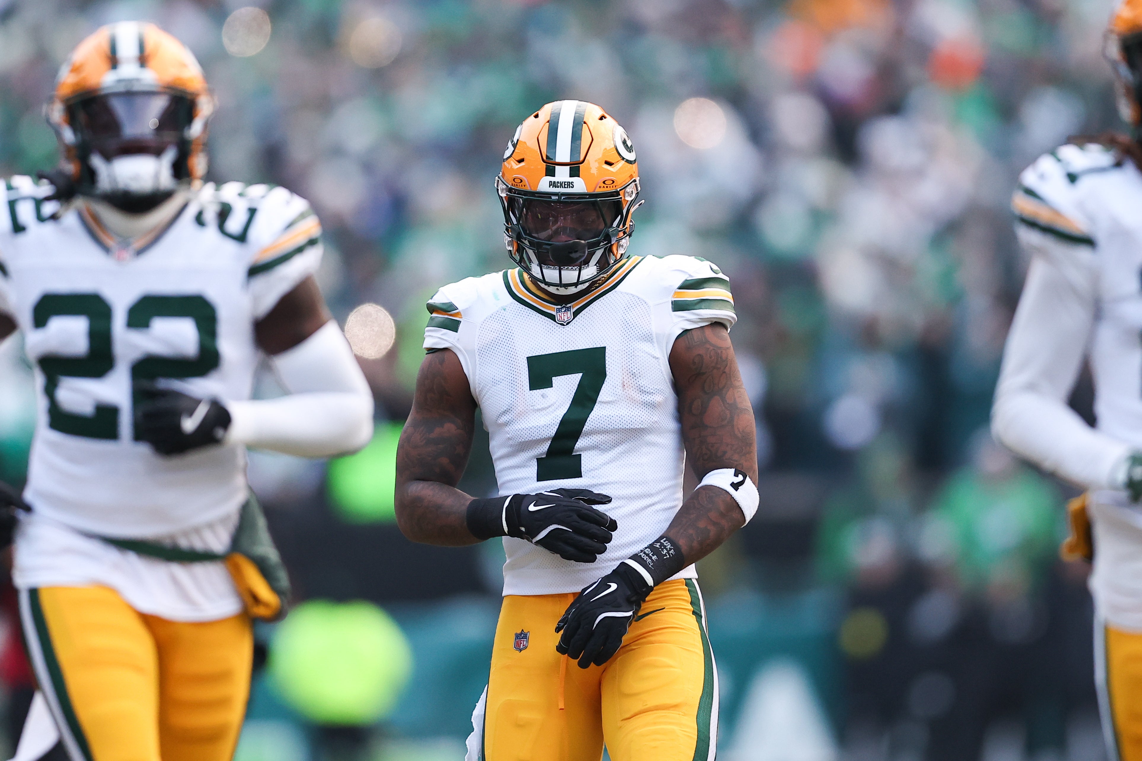 Green Bay Packers linebacker Quay Walker (7) before action against the Philadelphia Eagles in an NFC wild card game at Lincoln Financial Field.