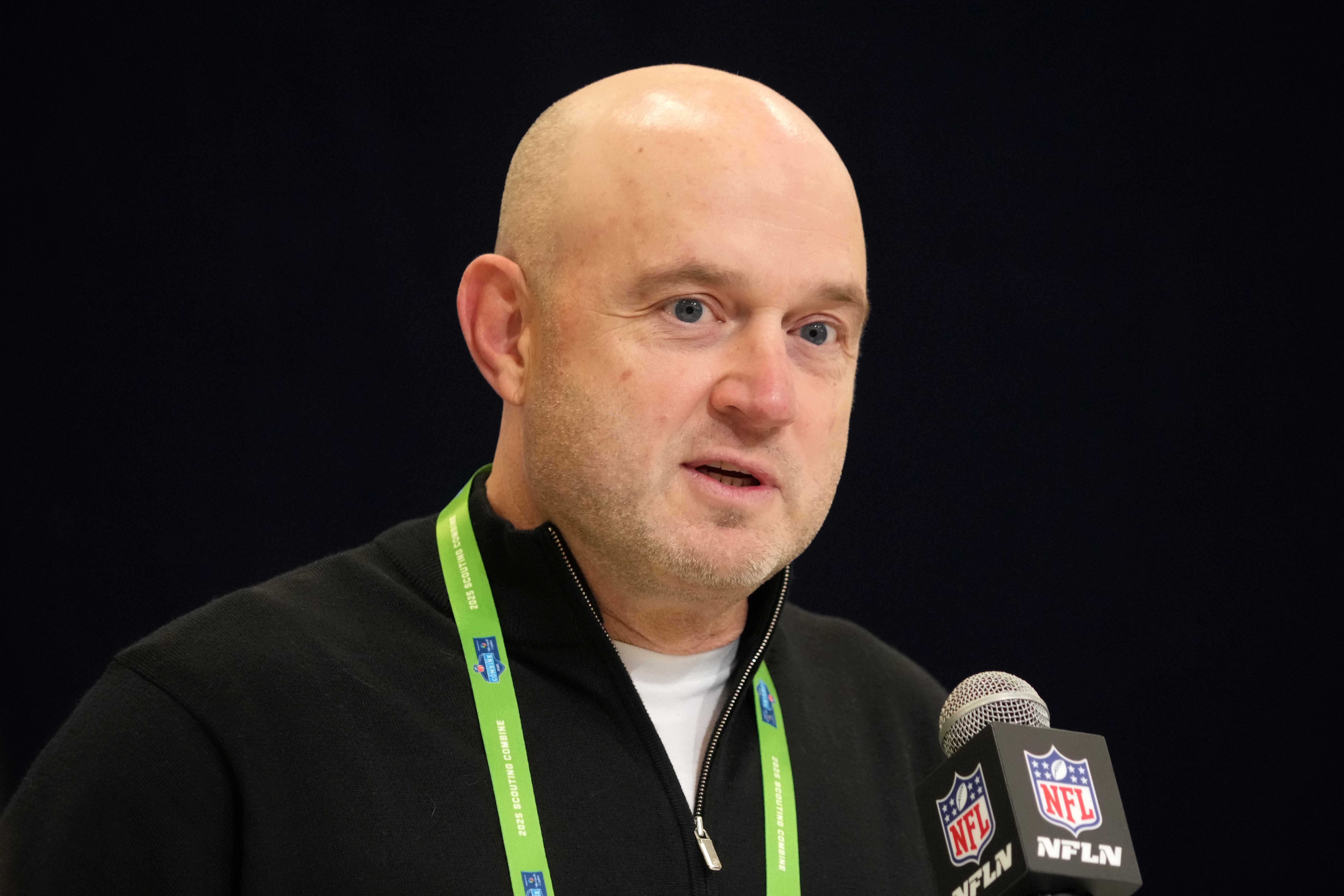 Feb 25, 2025; Indianapolis, IN, USA; Cincinnati Bengals general manager Duke Tobin speaks during the NFL Scouting Combine at the Indiana Convention Center.