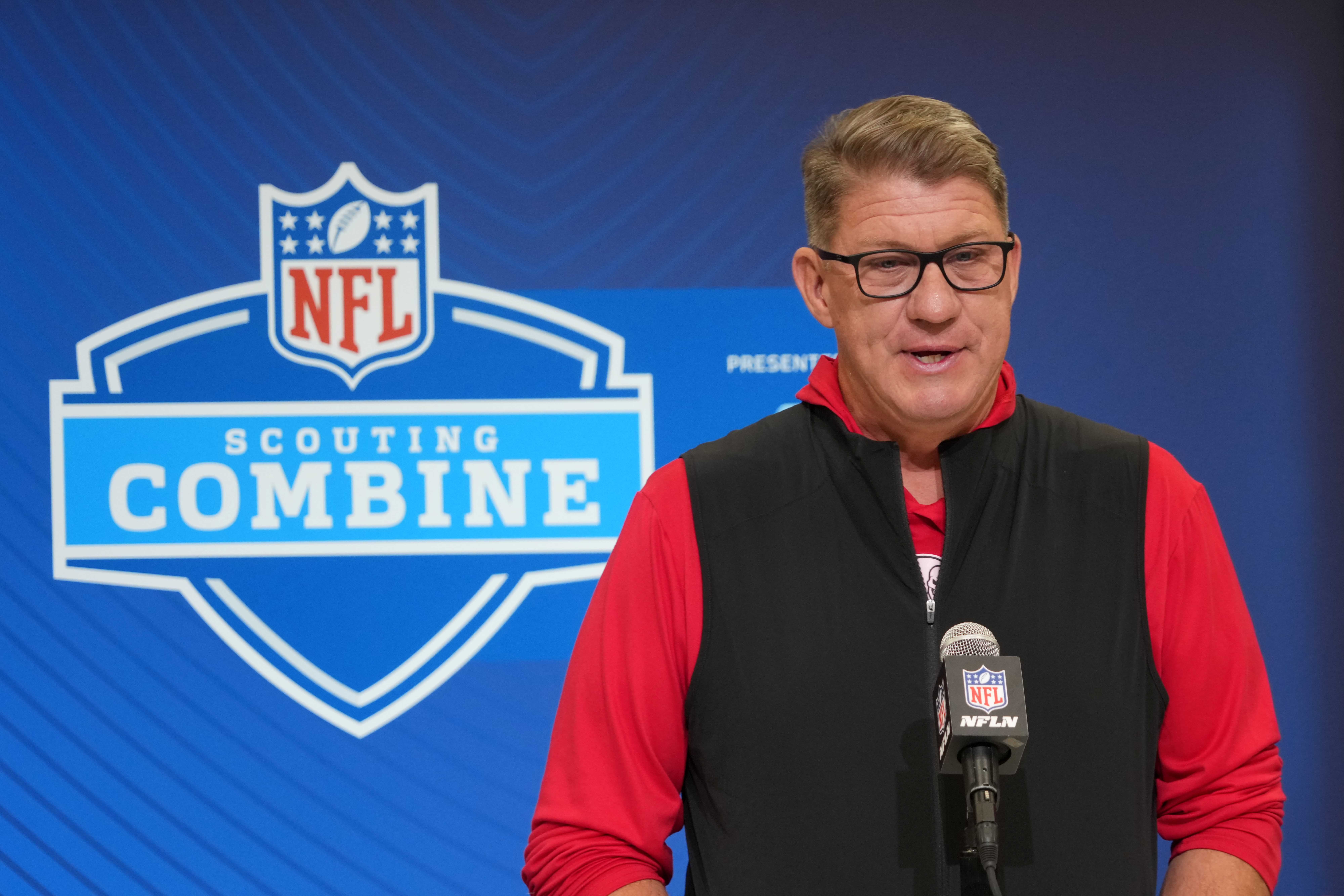 Feb 25, 2025; Indianapolis, IN, USA; Tampa Bay Buccaneers general manager Jason Licht speaks during the NFL Scouting Combine at the Indiana Convention Center.