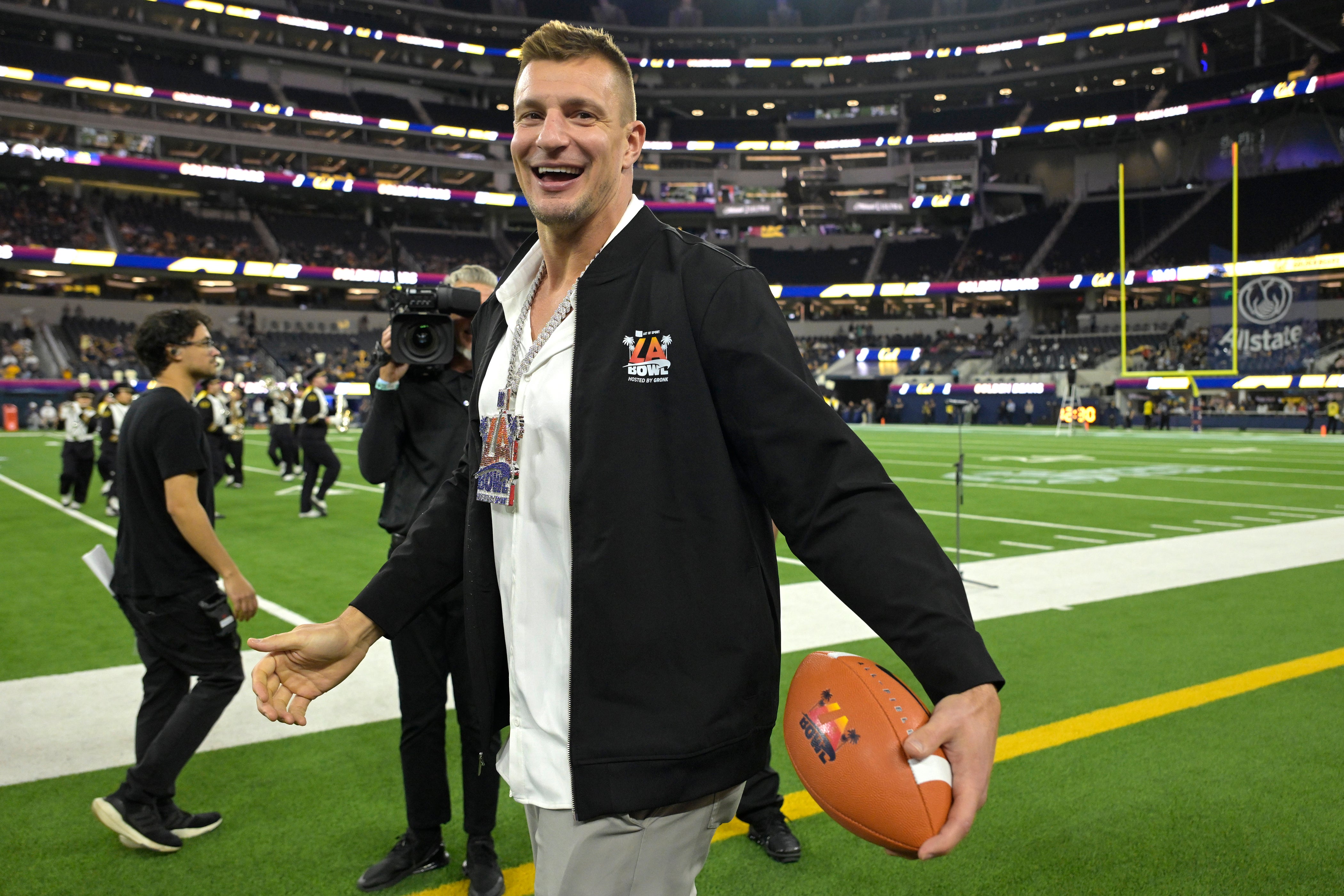 Dec 18, 2024; Inglewood, CA, USA; Rob Gronkowski on the field prior to the game between the California Golden Bears and the UNLV Rebels in the LA Bowl at SoFi Stadium.