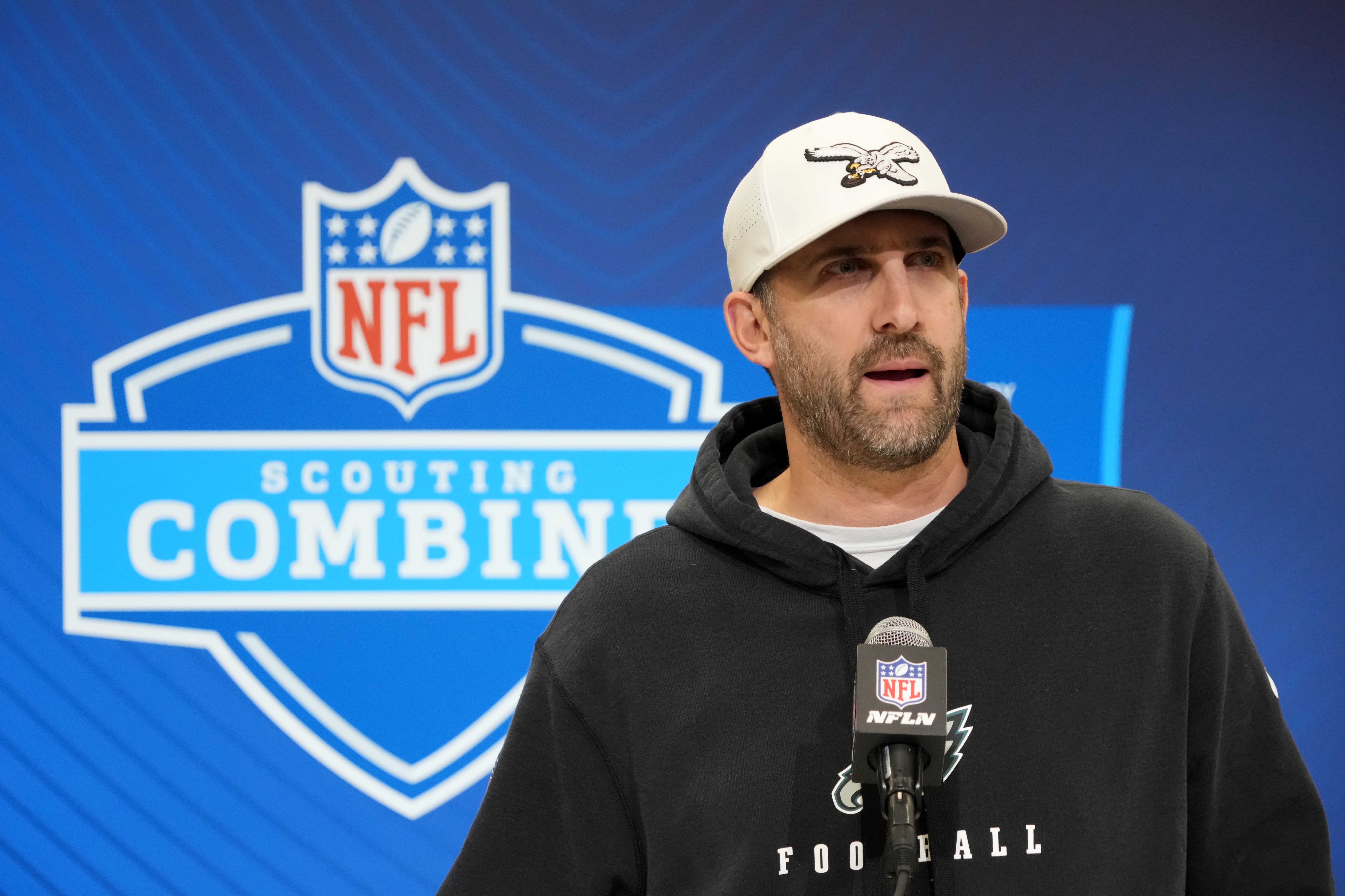 Philadelphia Eagles coach Nick Sirianni speaks during the NFL Scouting Combine at the Indiana Convention Center.