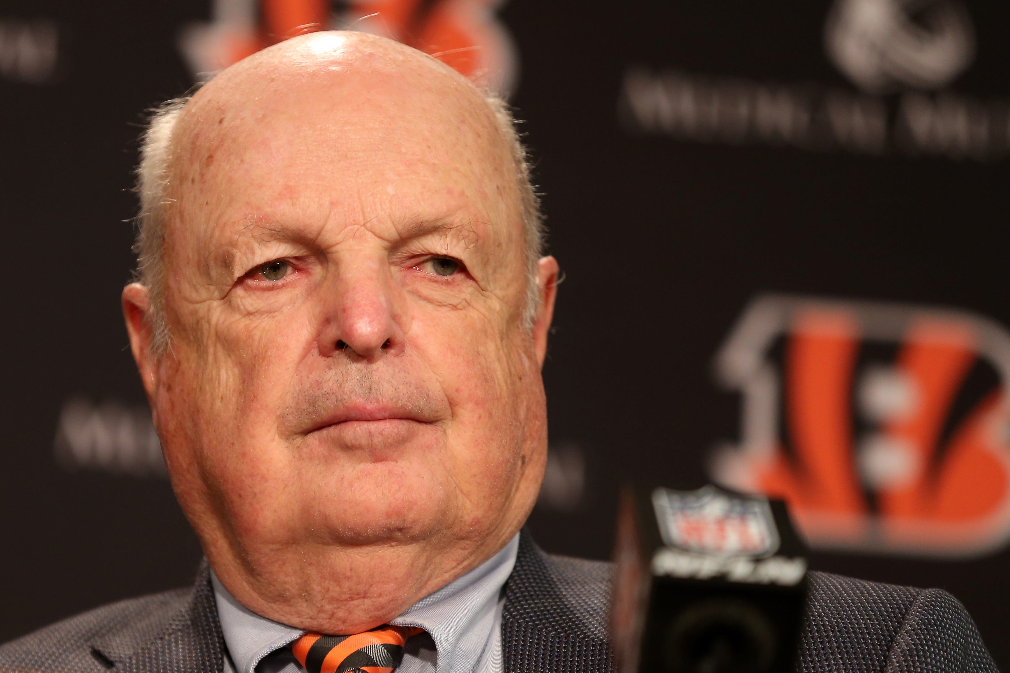 Cincinnati Bengals team president Mike Brown answers questions during a press conference announcing Zac Taylor as 10th head coach in Cincinnati Bengals team history, Tuesday, Feb. 5, 2019, at Paul Brown Stadium in Cincinnati.