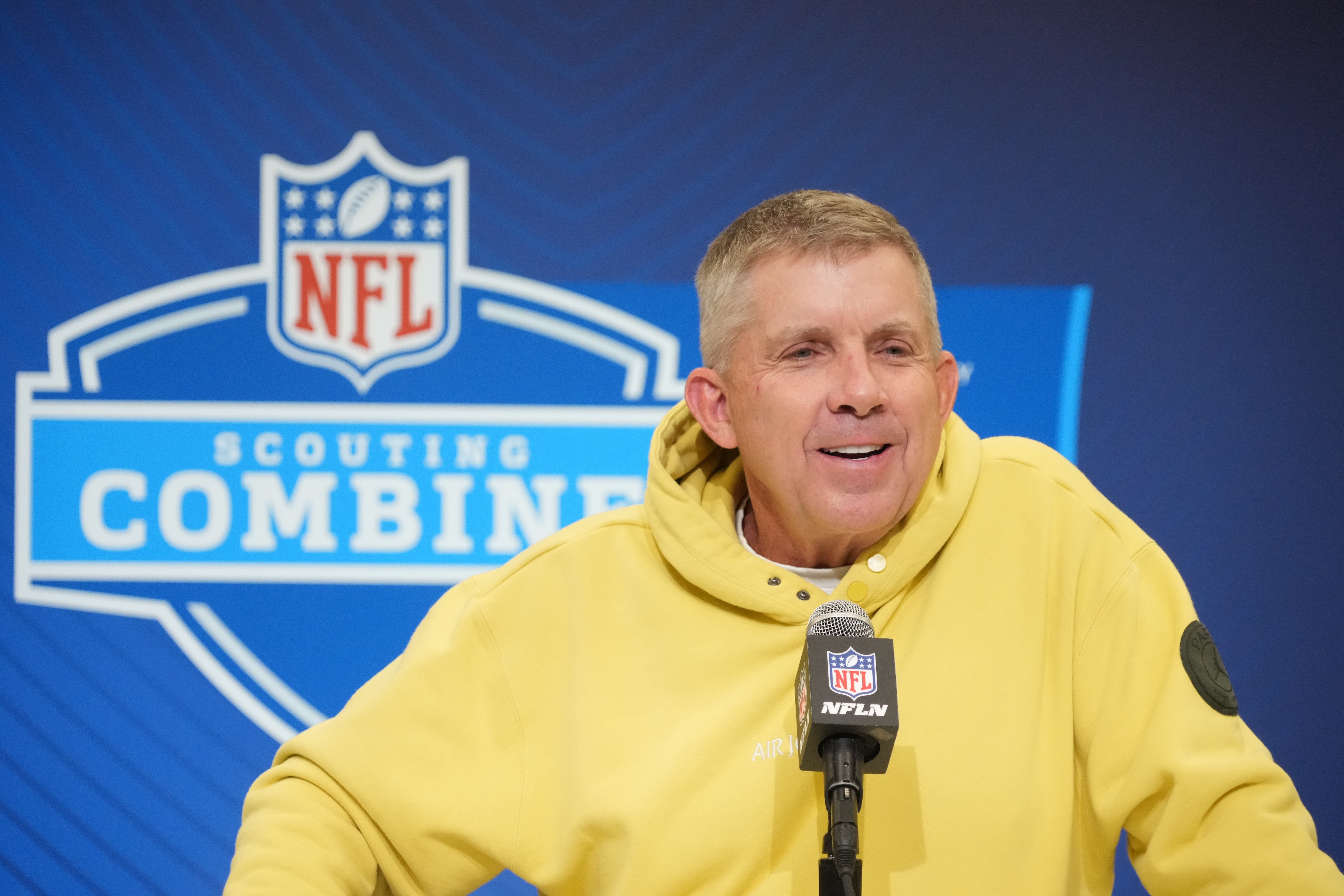 Feb 25, 2025; Indianapolis, IN, USA; Denver Broncos head coach Sean Payton speaks during the NFL Scouting Combine at the Indiana Convention Center.