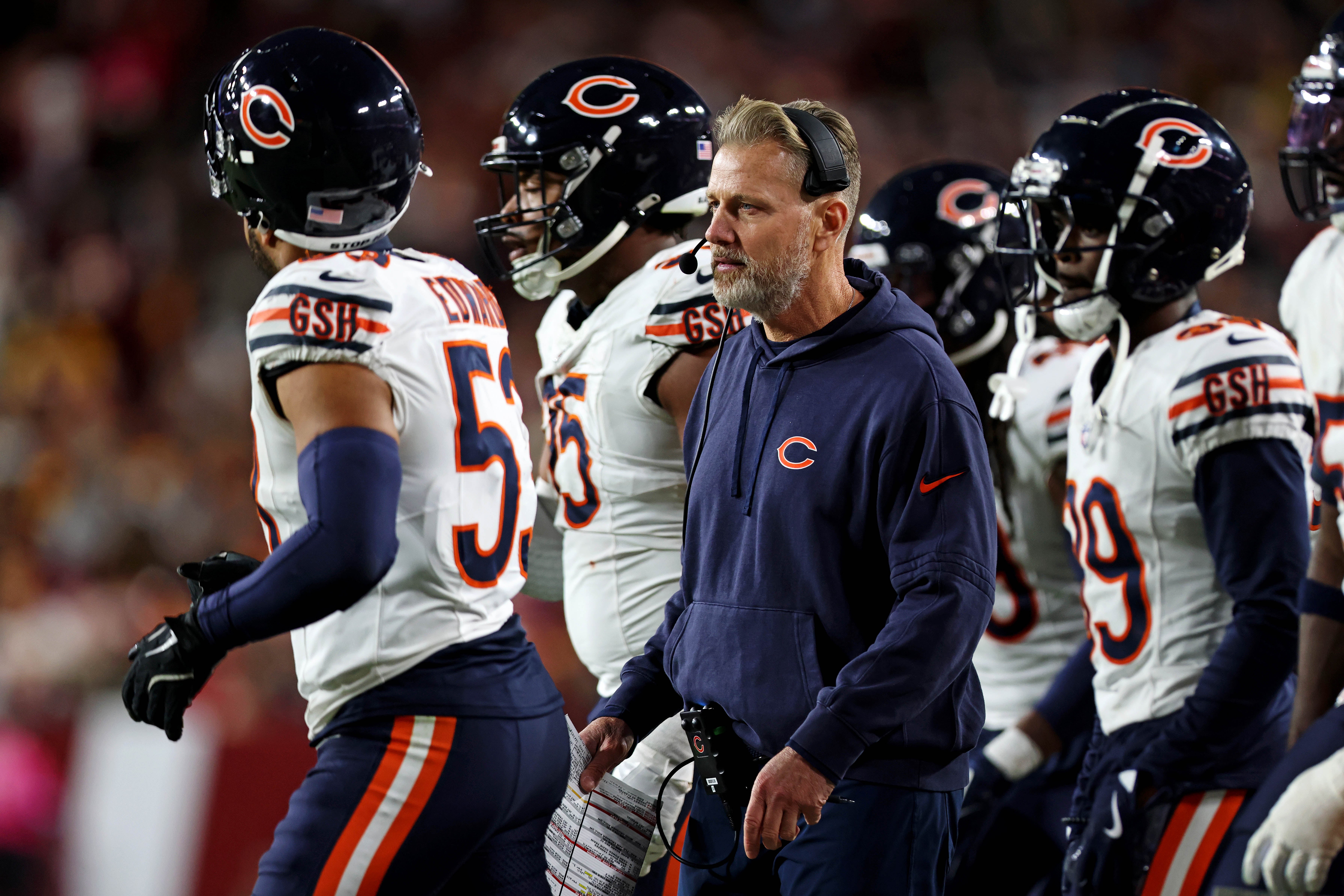 Oct 27, 2024; Landover, Maryland, USA; Chicago Bears head coach Matt Eberflus celebrates with his team during the second half against the Washington Commanders at Commanders Field.