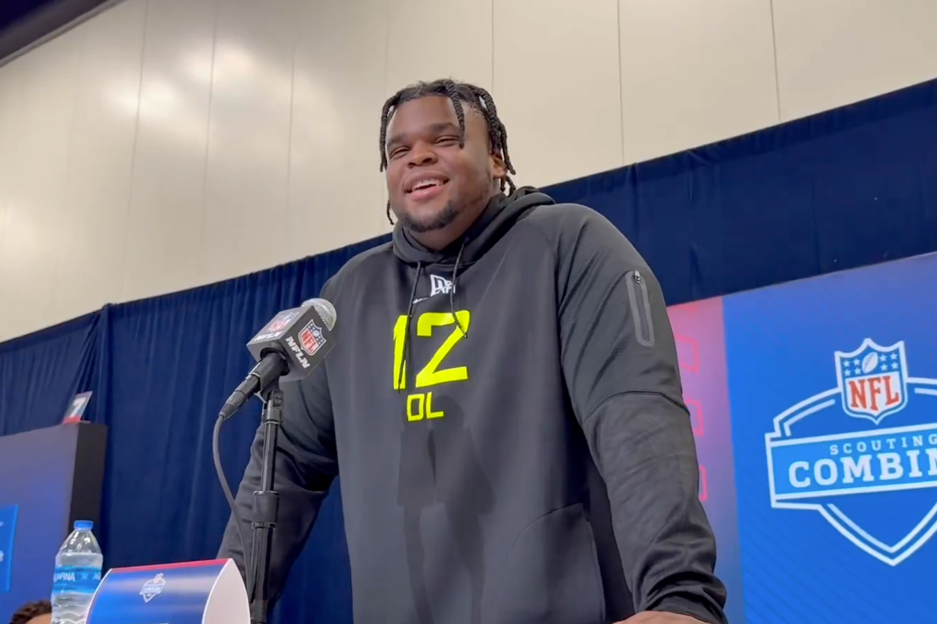 Michigan DT Kenneth Grant answers questions at the 2025 NFL Scouting Combine.