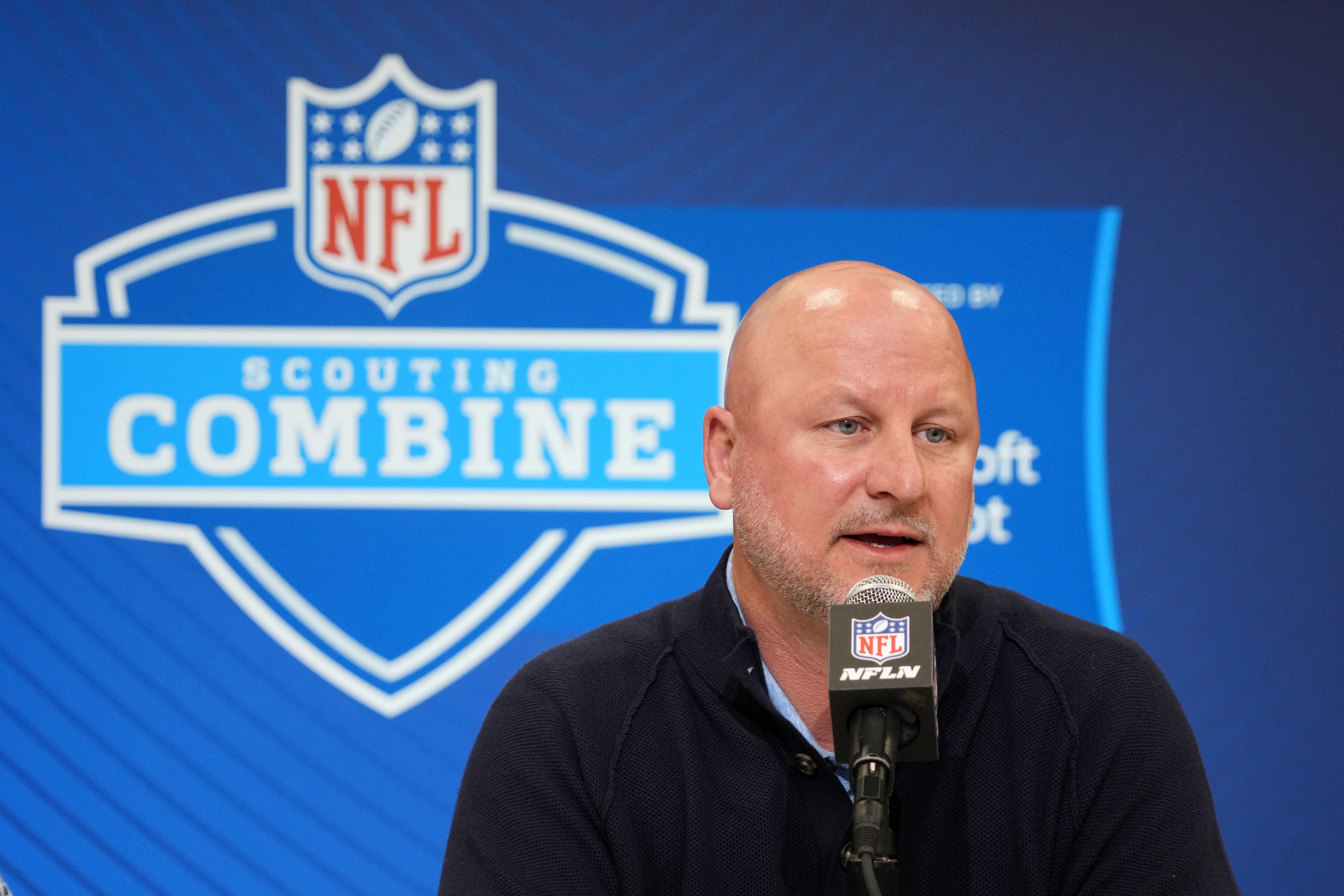 Feb 25, 2025; Indianapolis, IN, USA; Los Angeles Chargers general manager Joe Hortiz speaks during the NFL Scouting Combine at the Indiana Convention Center.