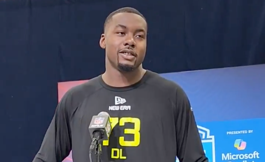 Mykel Williams speaks with reporters at 2025 NFL Combine.