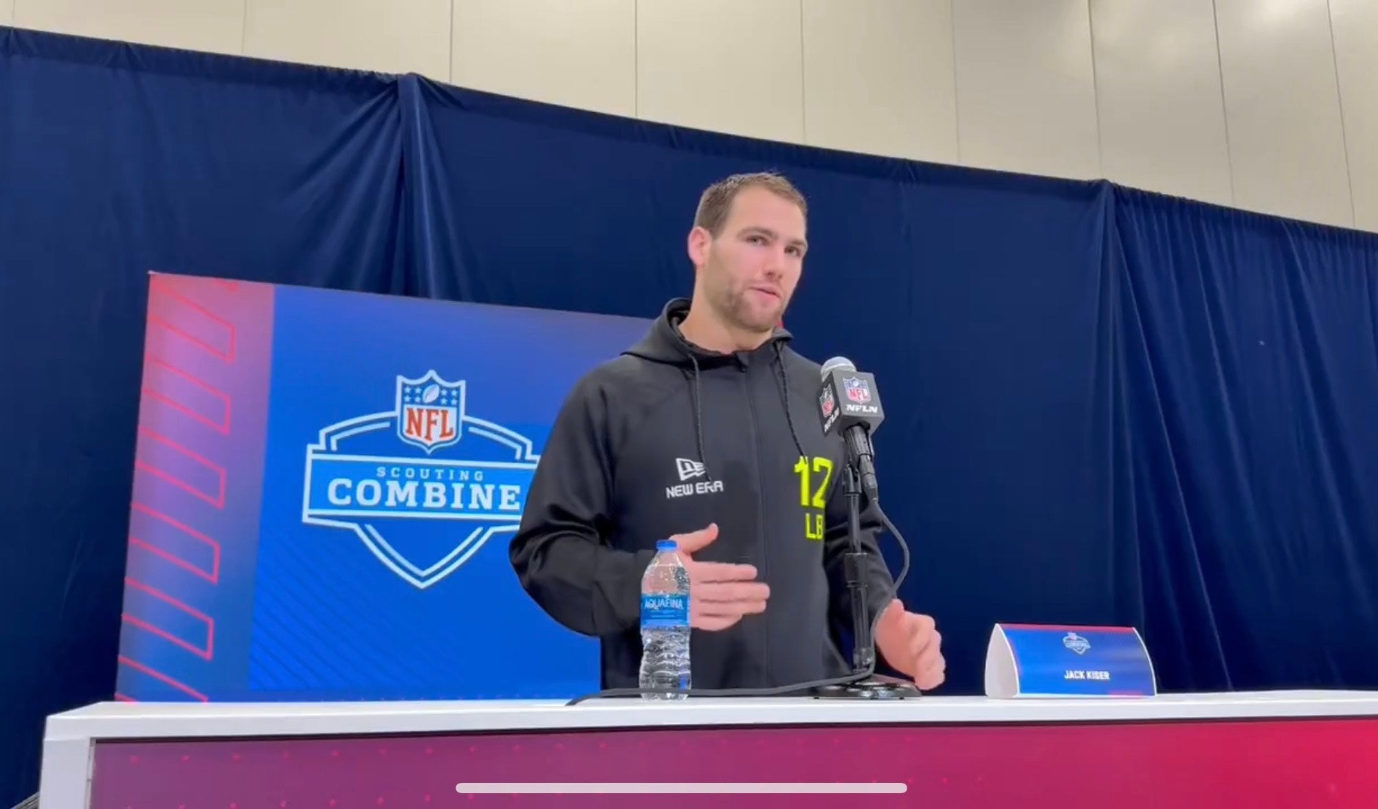Notre Dame LB Jack Kiser speaks to the media at the 2025 NFL Scouting Combine