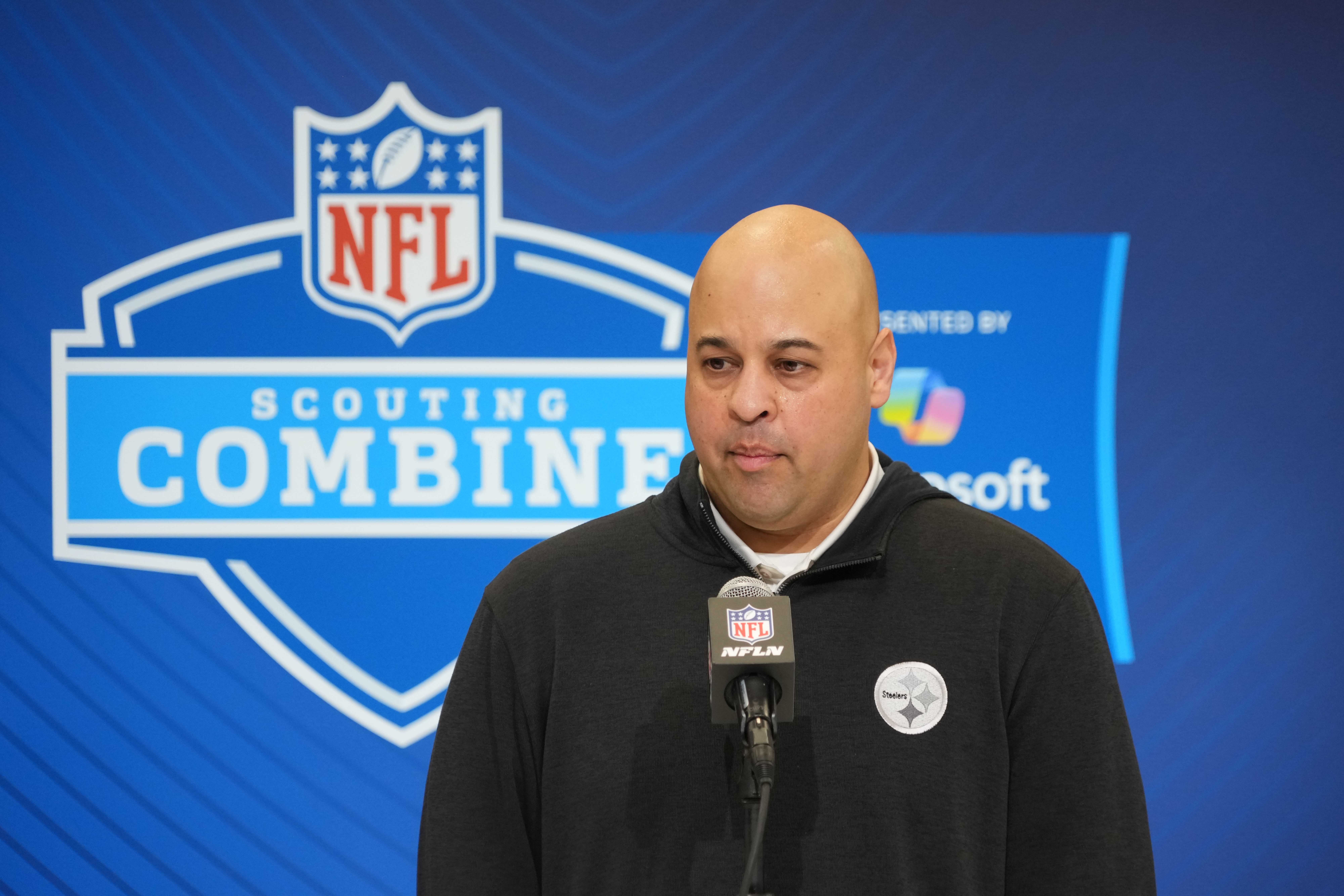 Feb 25, 2025; Indianapolis, IN, USA; Pittsburgh Steelers general manager Omar Khan speaks during the NFL Scouting Combine at the Indiana Convention Center.