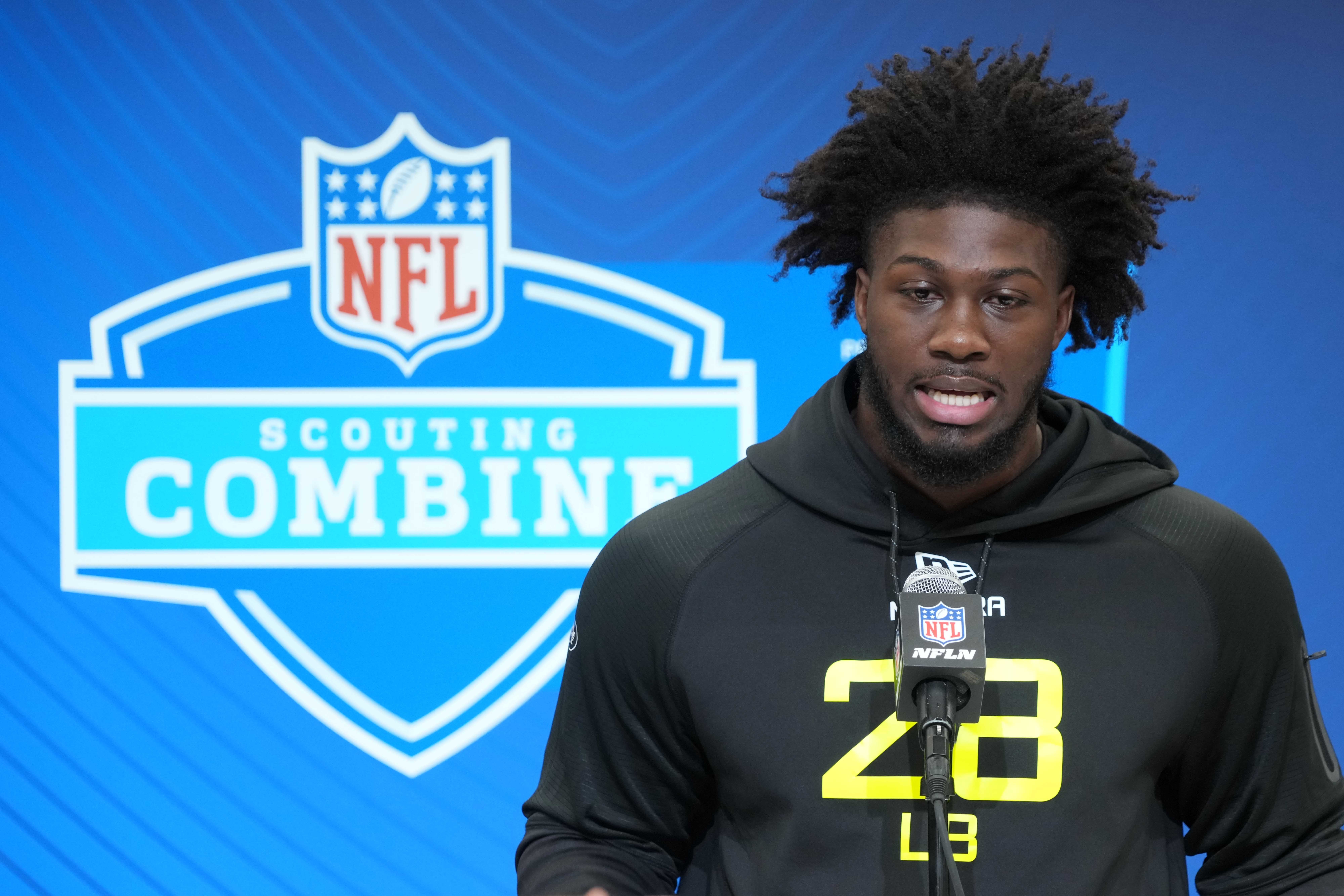 Georgia linebacker Jalon Walker (LB28) during the 2025 NFL Scouting Combine at the Indiana Convention Center.