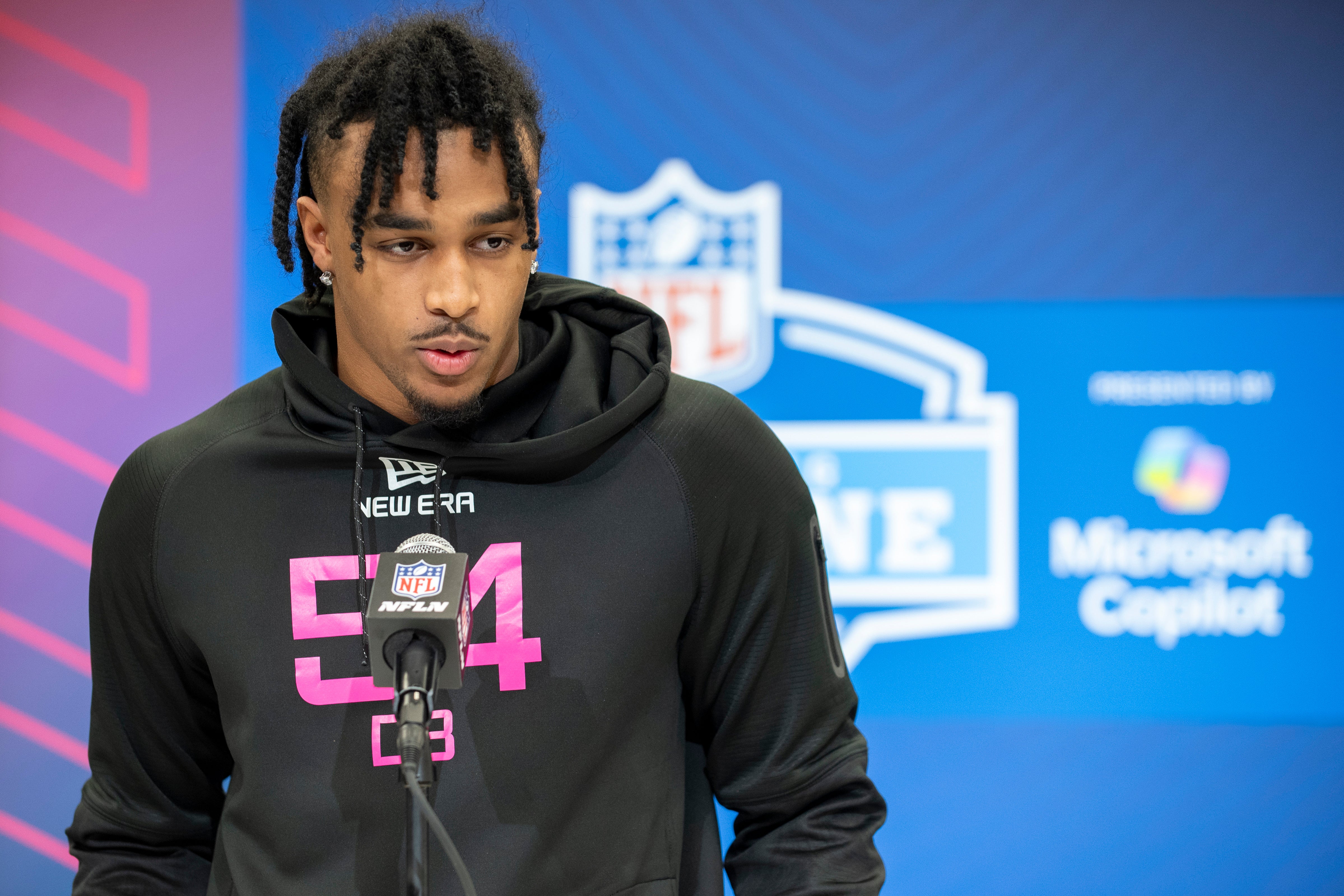 Feb 27, 2025; Indianapolis, IN, USA; Penn St defensive back Kevin Winston Jr (DB54) during the 2025 NFL Combine at Lucas Oil Stadium.