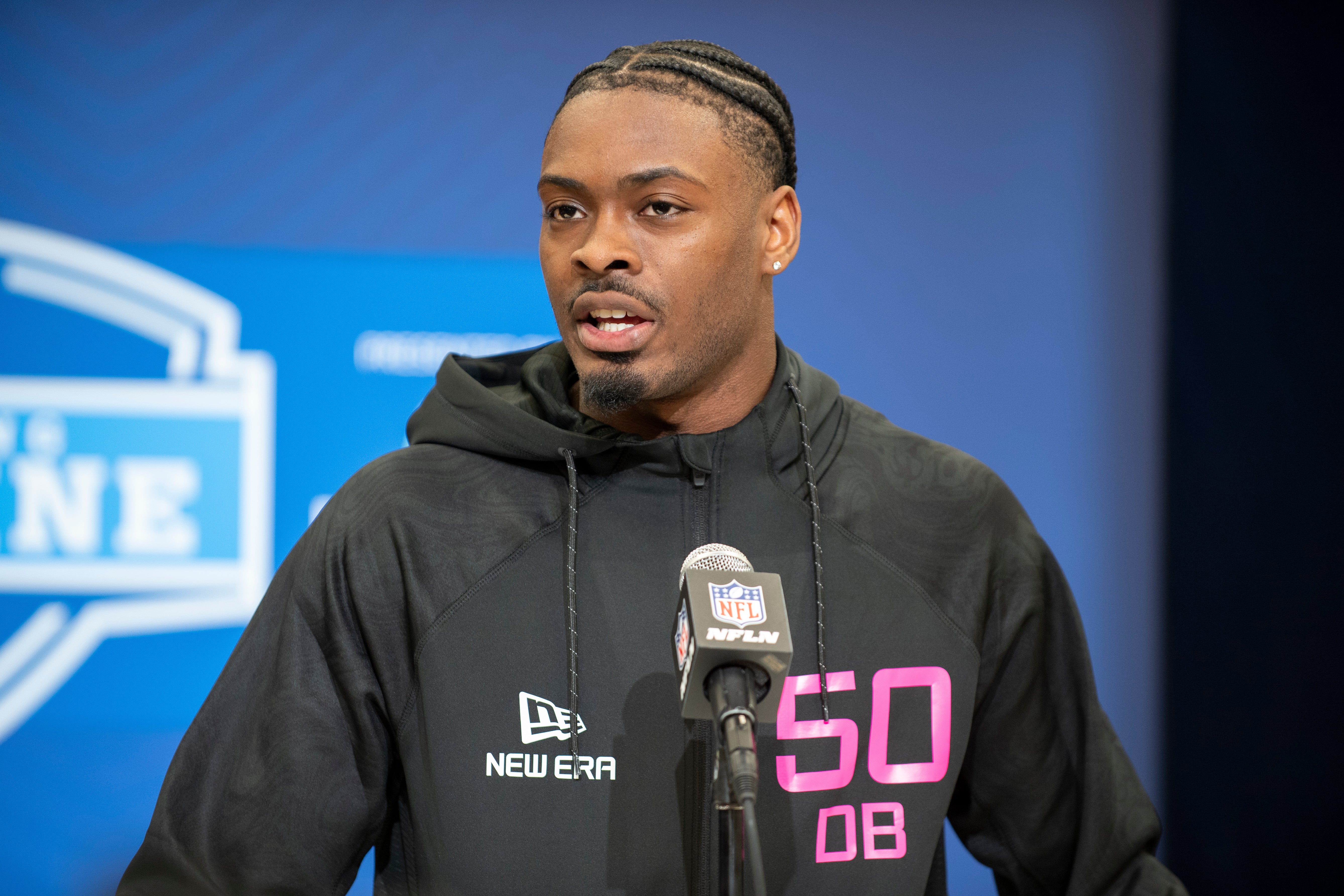 Feb 27, 2025; Indianapolis, IN, USA; Georgia defensive back Malaki Starks (DB50) during the 2025 NFL Combine at Lucas Oil Stadium.
