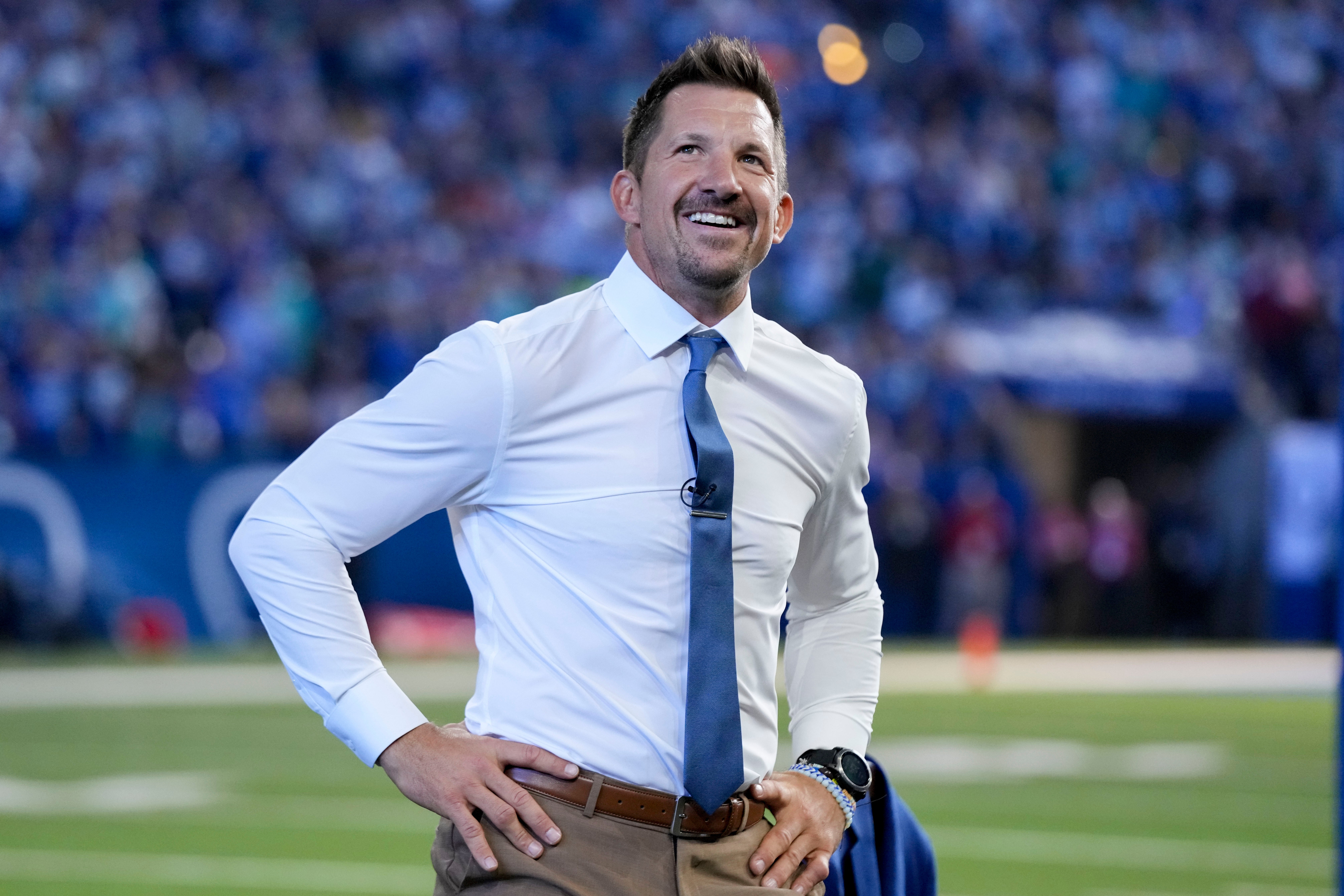 Oct 20, 2024; Indianapolis, Indiana, USA; Dallas Clark is inducted into the Ring of Honor during a game against the Miami Dolphins at Lucas Oil Stadium .