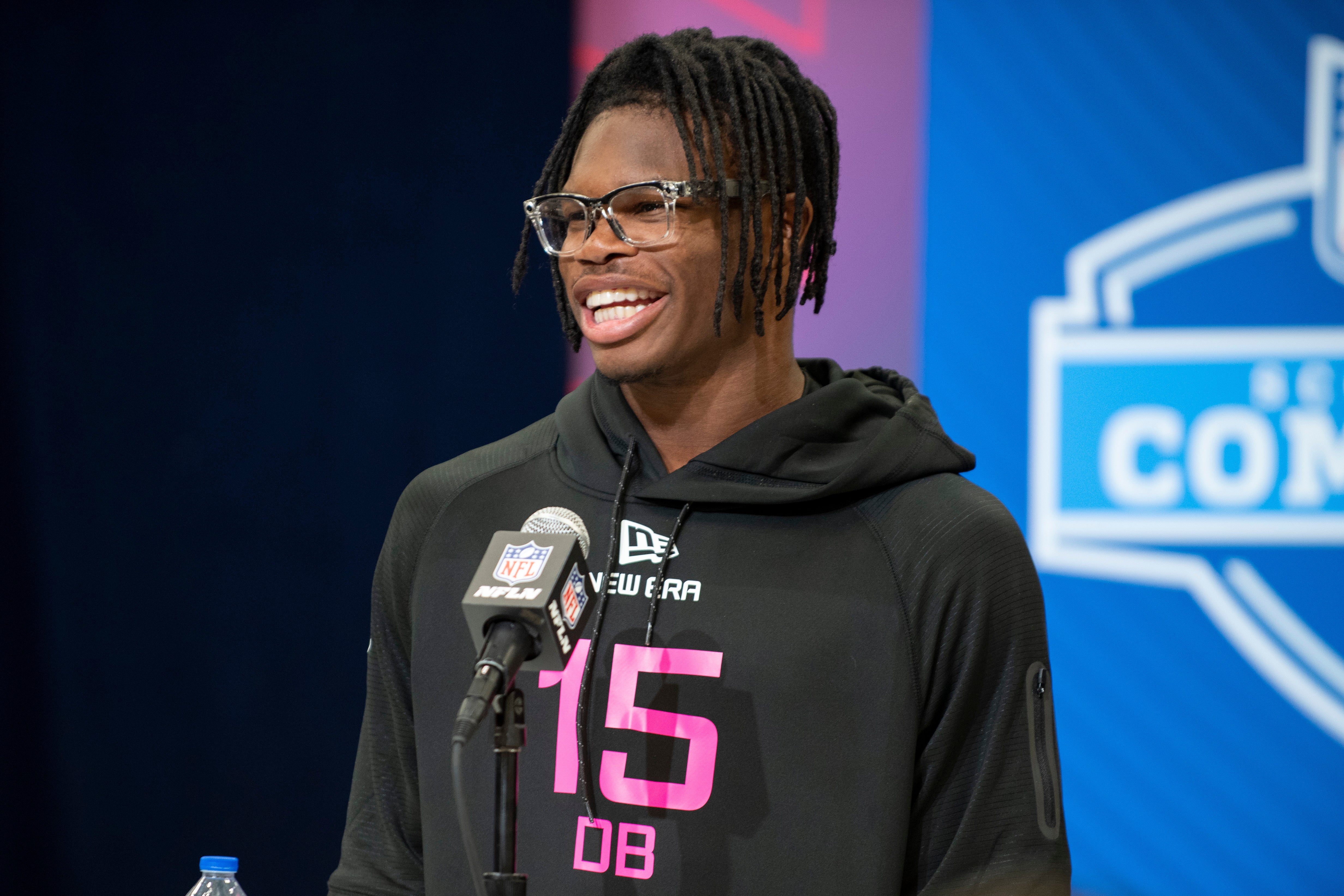 Feb 27, 2025; Indianapolis, IN, USA; Colorado defensive back Travis Hunter (DB15) during the 2025 NFL Combine at Lucas Oil Stadium.
