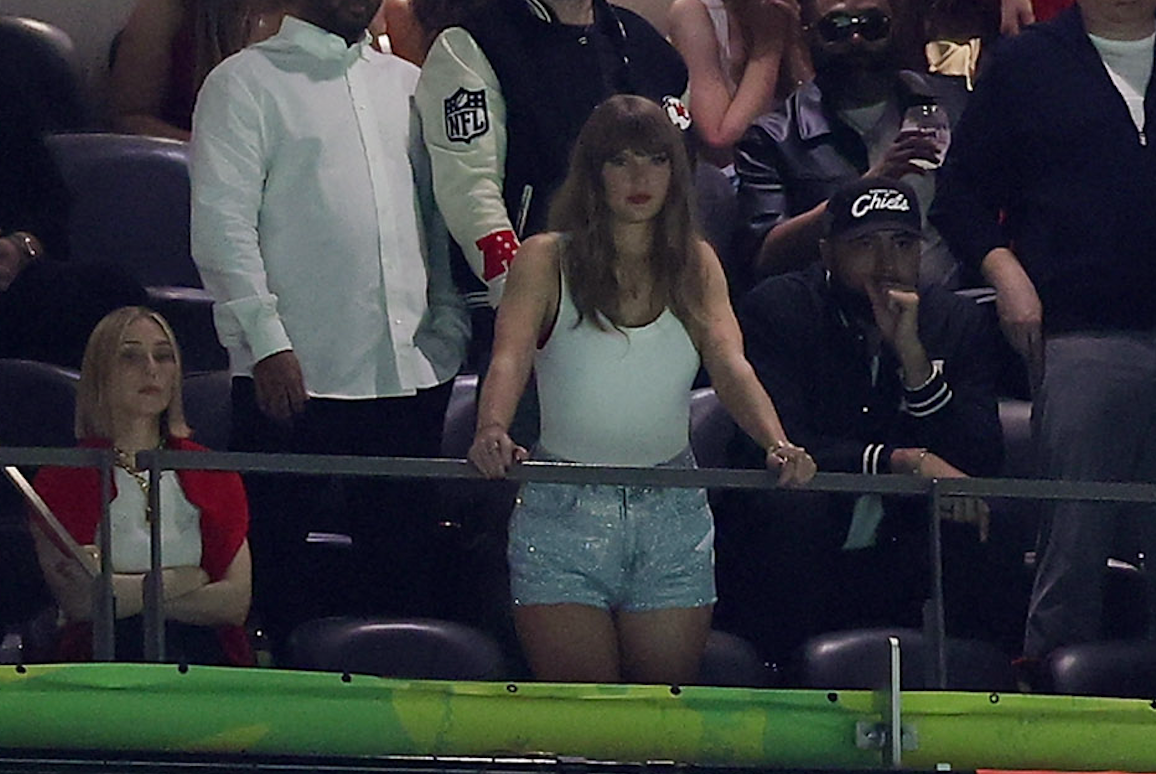 Feb 9, 2025; New Orleans, LA, USA; Recording artist Taylor Swift watches the first half of Super Bowl LIX between the Kansas City Chiefs and the Philadelphia Eagles at Caesars Superdome.