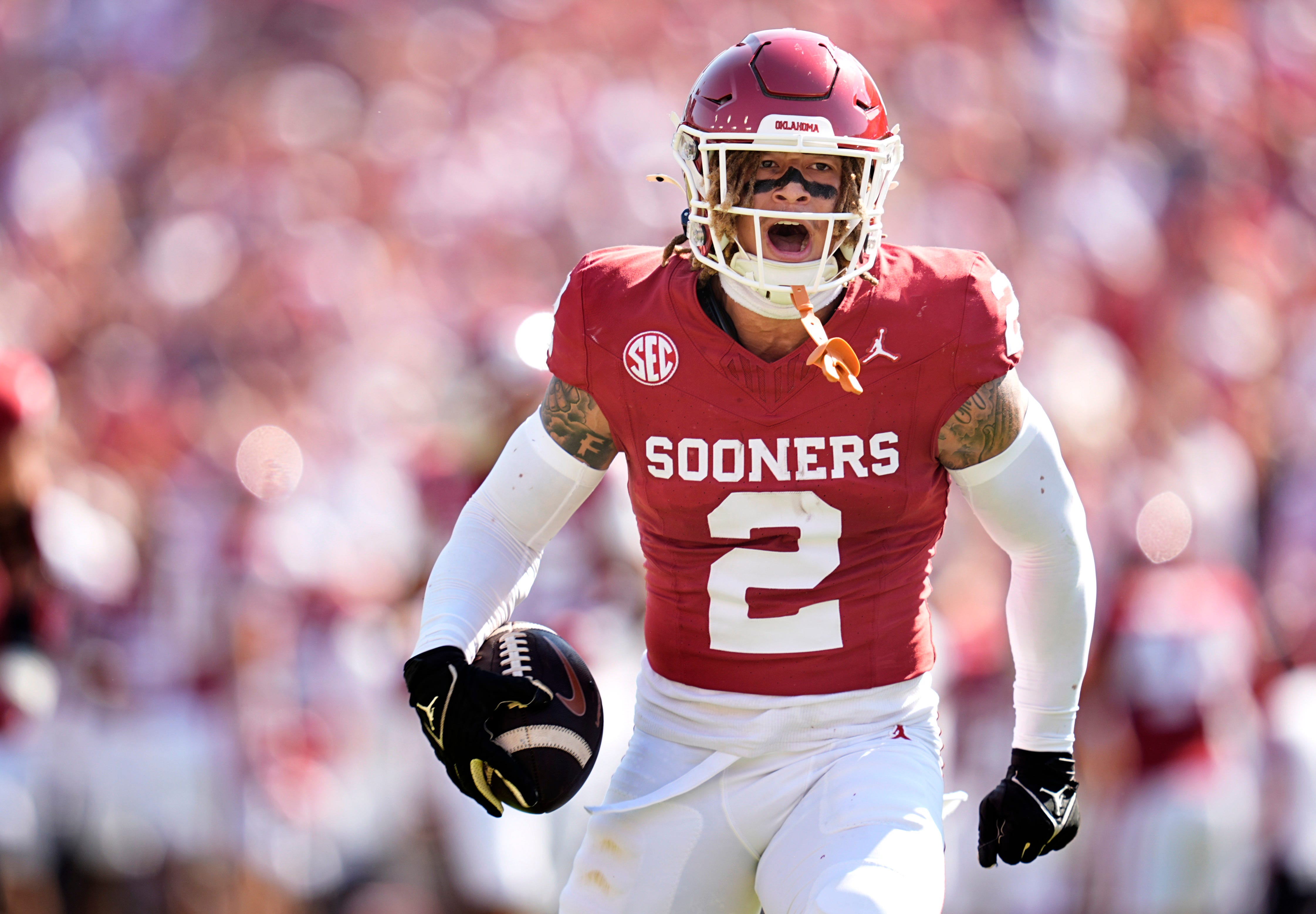 Oklahoma Sooners defensive back Billy Bowman Jr. (2) celebrates an interception in the first half of the Red River Rivalry college football game between the University of Oklahoma Sooners and the Texas Longhorn at the Cotton Bowl Stadium in Dallas, Texas, Saturday, Oct., 12, 2024.