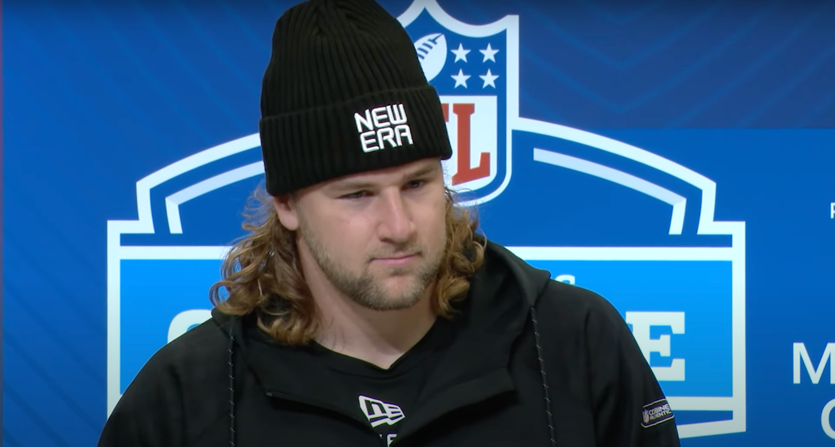 Penn State TE Tyler Warren talks with reporters at the NFL Combine.