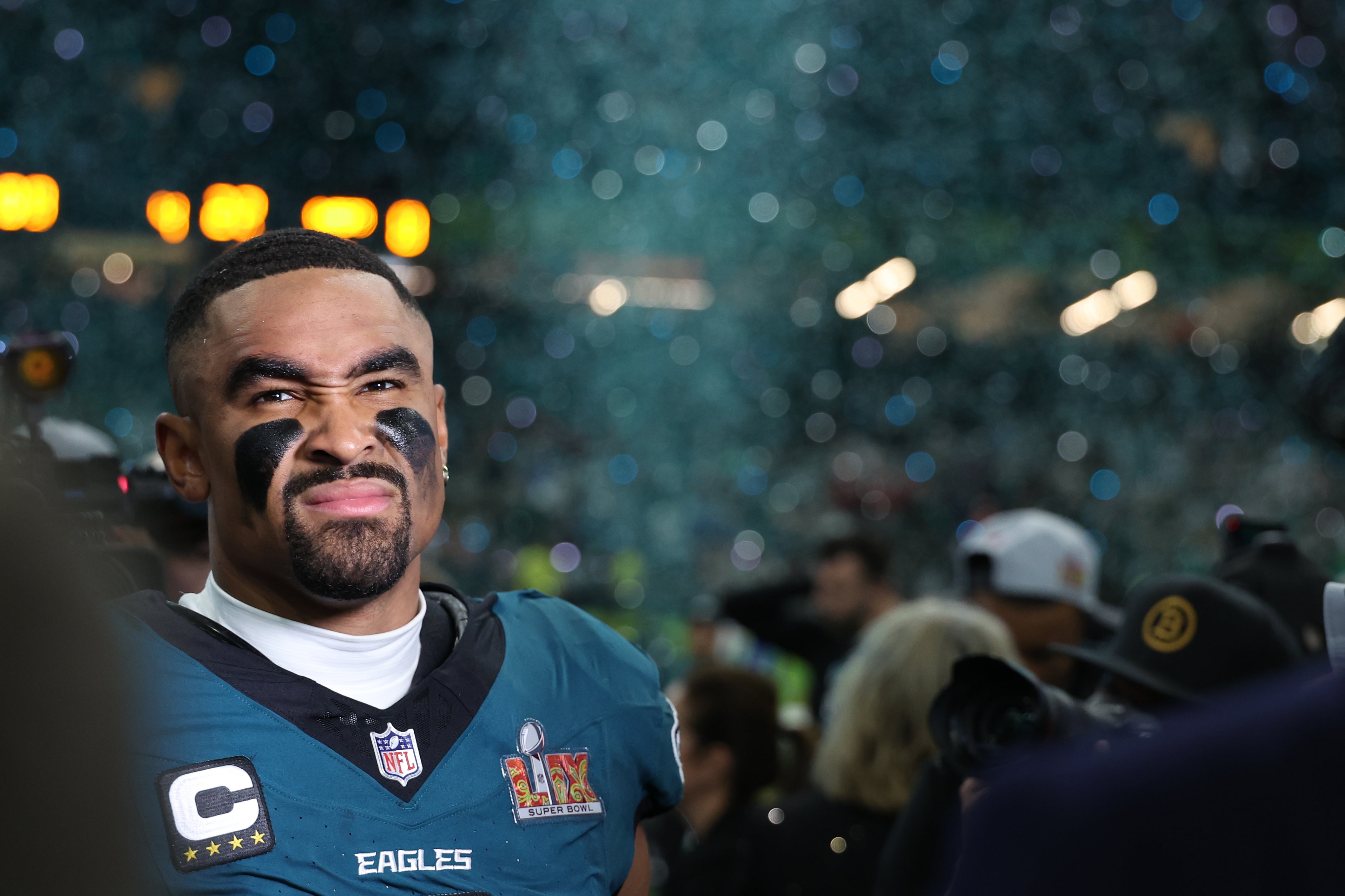 Philadelphia Eagles quarterback Jalen Hurts (1) stands on the field after the Eagles' game against the Kansas City Chiefs in Super Bowl LIX at Caesars Superdome.