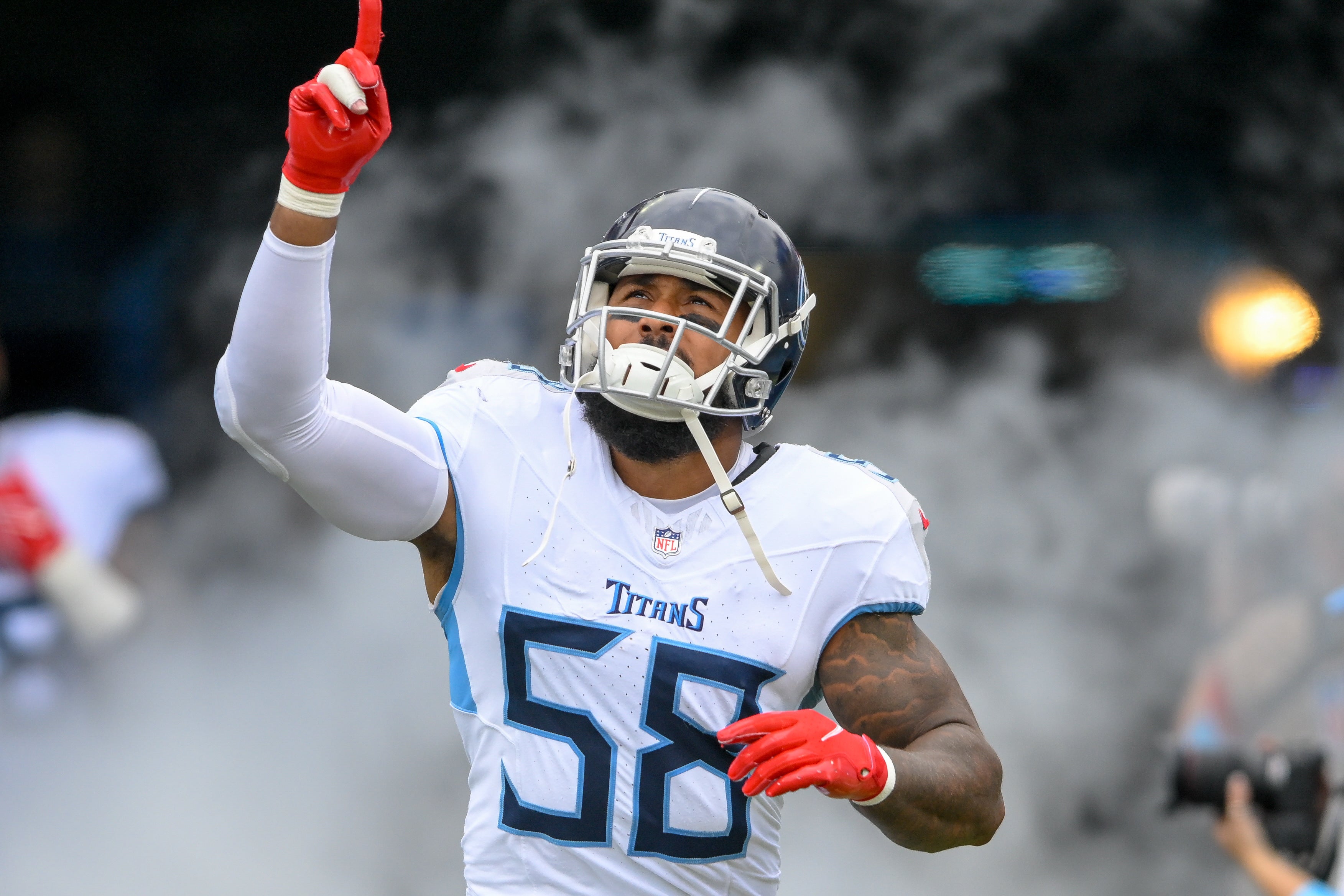 Tennessee Titans linebacker Harold Landry III (58) takes the field against the New York Jets during the first half at Nissan Stadium. Steve Roberts-Imagn Images