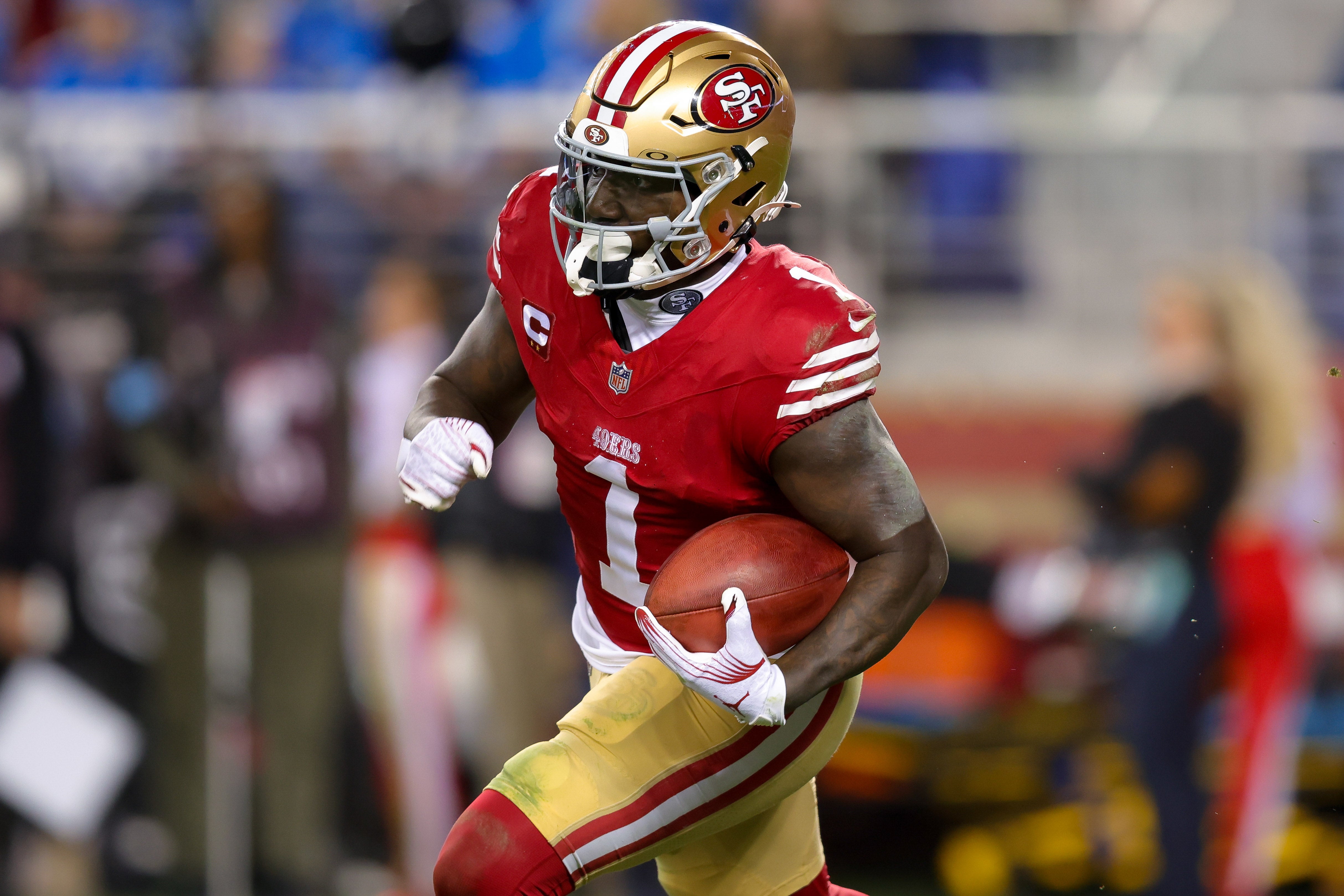 Dec 30, 2024; Santa Clara, California, USA; San Francisco 49ers wide receiver Deebo Samuel Sr. (1) during the game against the Detroit Lions at Levi's Stadium.