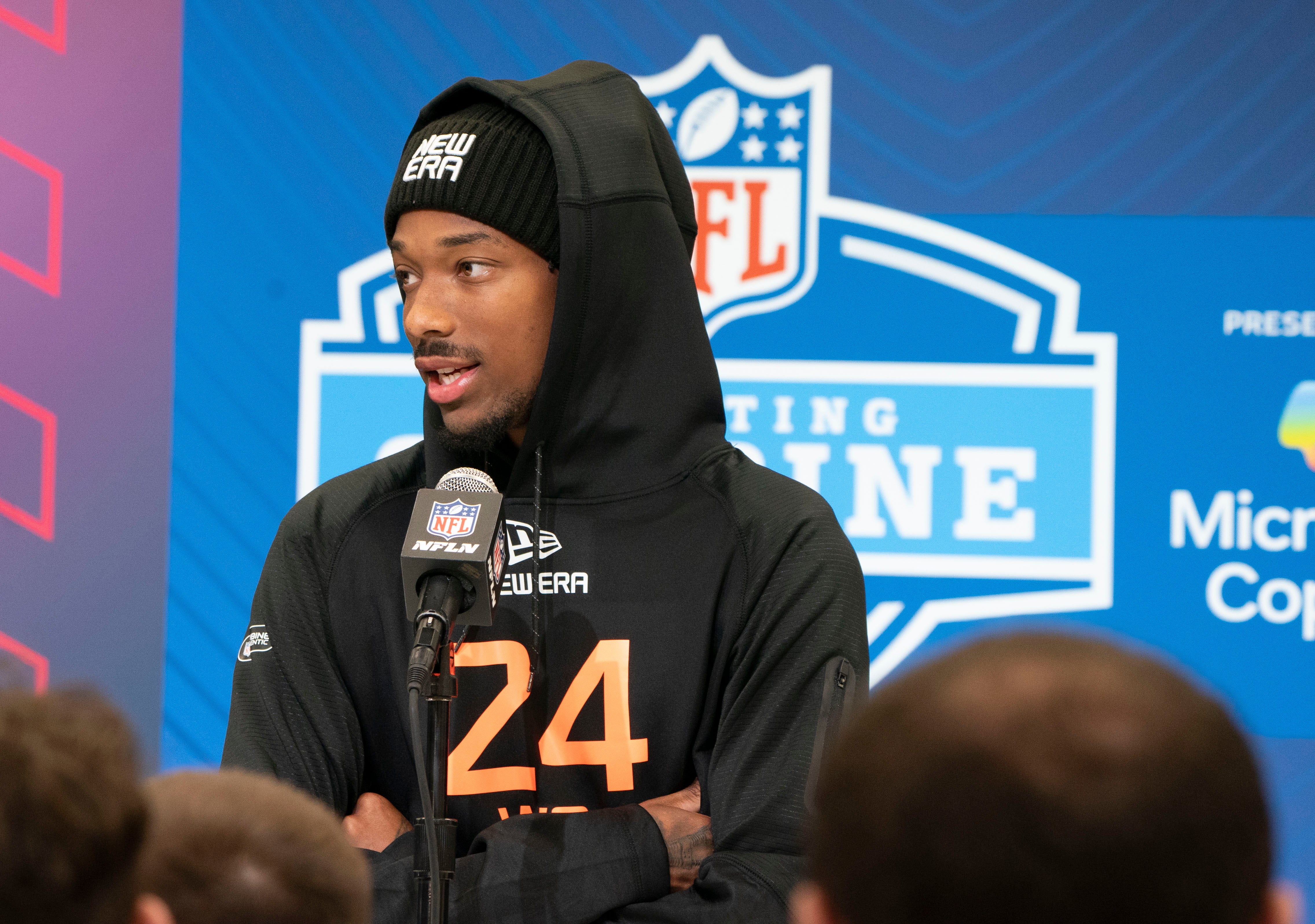 Feb 28, 2025; Indianapolis, IN, USA; Oregon wideout Tez Johnson (WO24) speaks during a press conference during the 2025 NFL Combine at Indiana Convention Center. Mandatory Credit: Stephanie Amador Blondet-Imagn Images